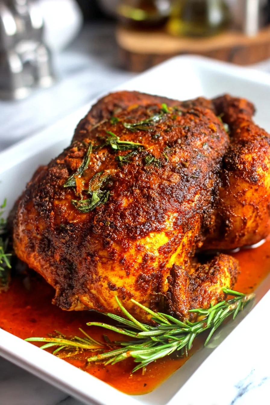 A whole roasted chicken sits in a white rectangular dish, its skin rich with dark brown, orange, and slightly charred spots, showing a crispy texture. The chicken is covered with herbs and spices that create small green and black specks all over. Around the chicken, a pool of reddish-orange sauce with oil shines, with some sprigs of green rosemary placed inside the dish and on the white marbled surface beneath. The chicken’s wings and legs are tucked close to the body, giving a compact shape. Photo taken with an iphone --ar 2:3 --v 7