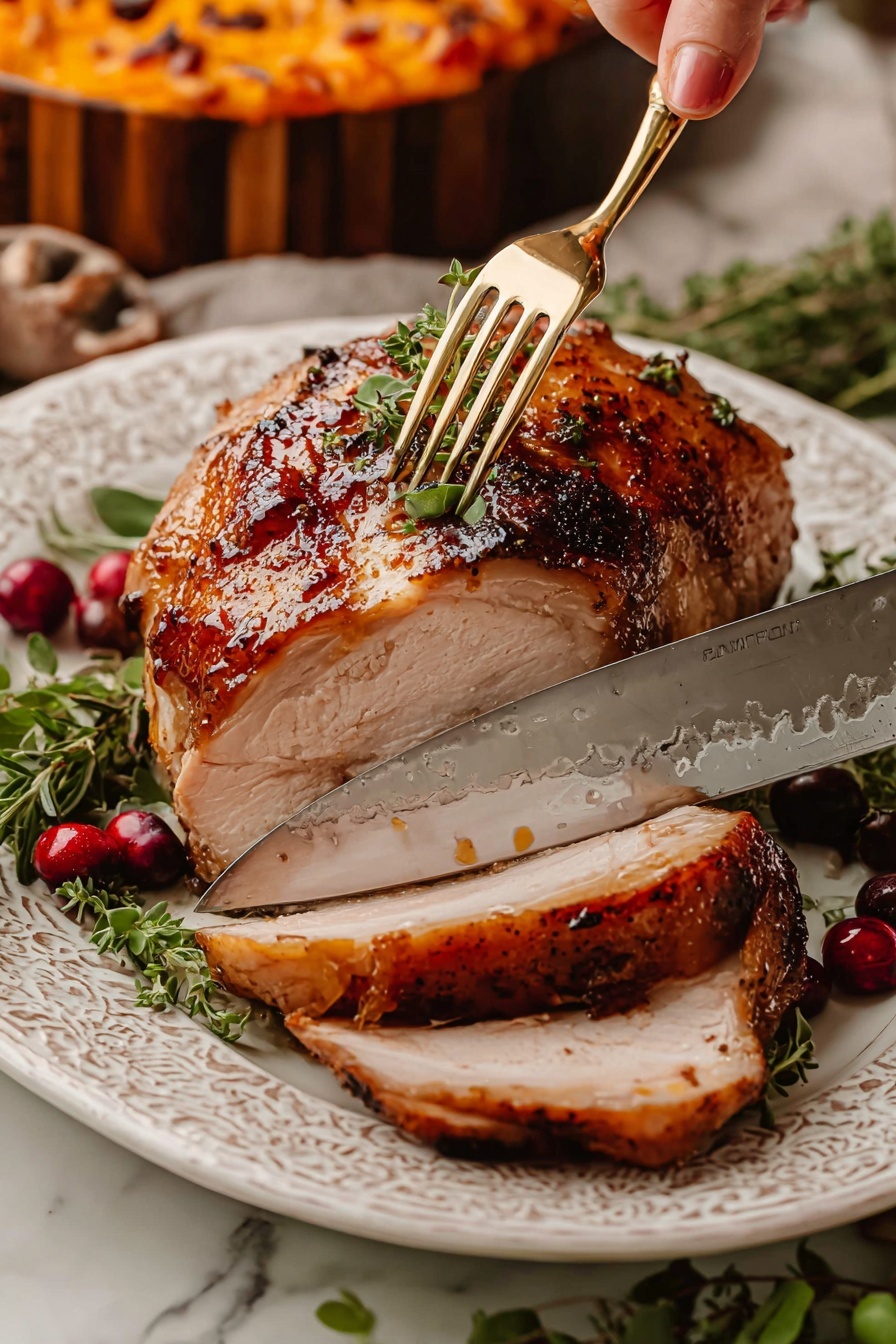 A white plate with a cooked chicken piece in the center, golden brown with a shiny, slightly crispy skin and small green herb bits sprinkled on top. The chicken is being sliced by a hammered steel knife and held with a gold fork. Around the chicken are fresh dark green herbs and bright red cherries adding color contrast. The background shows a blurred orange dish, and the surface under the plate is white marbled texture. photo taken with an iphone --ar 2:3 --v 7