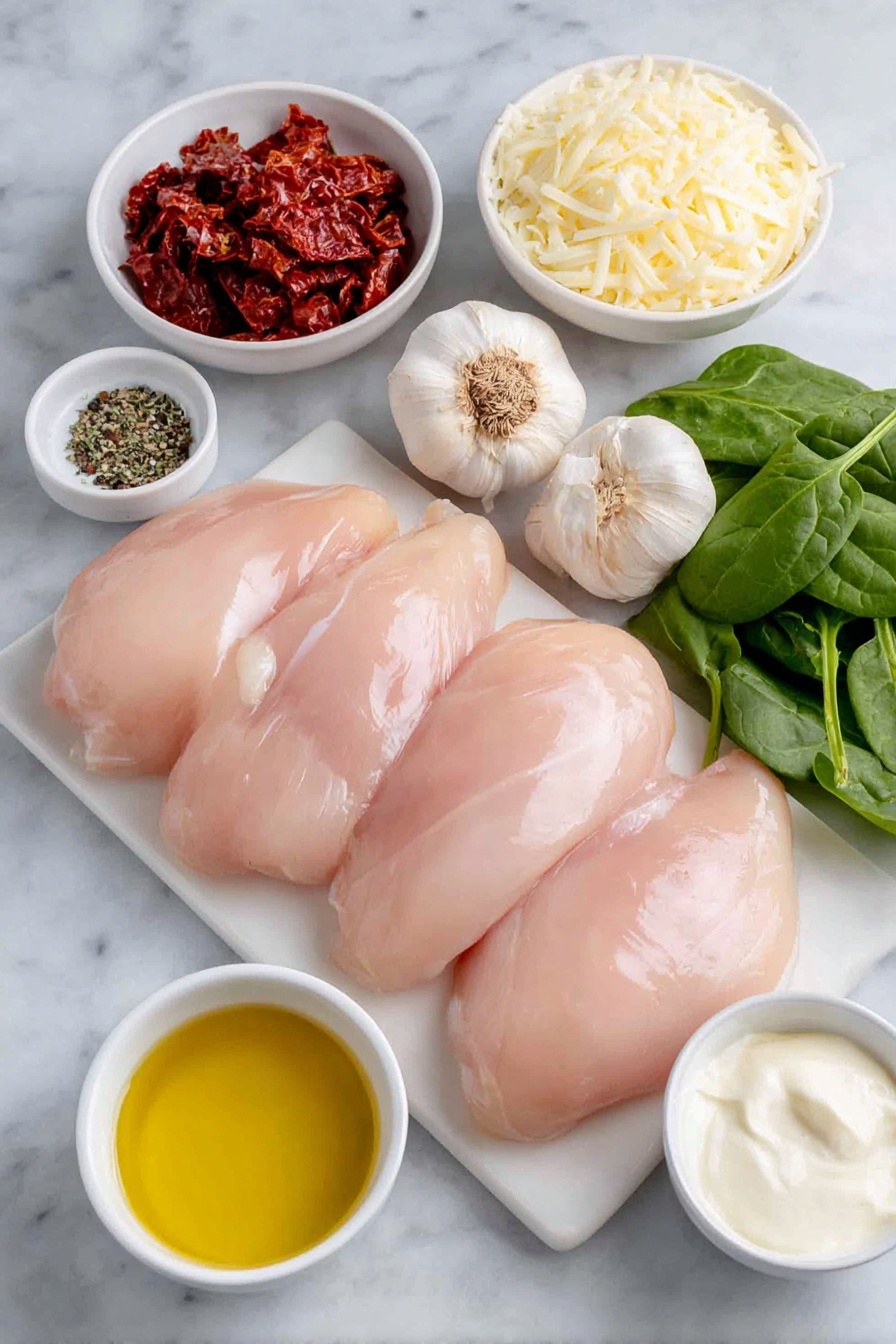 Flat lay of four boneless skinless chicken breasts, a small white bowl of Italian seasoning with visible dried oregano, thyme, basil, and rosemary leaves, a few pinkish crystals of kosher salt, a small pile of freshly ground black peppercorns, a small white bowl with golden extra virgin olive oil, four peeled garlic cloves, a small mound of finely chopped yellow onion, a small white bowl filled with thinly sliced sun-dried tomatoes, a handful of fresh bright green baby spinach leaves, a small white bowl of heavy cream with a smooth surface, and a small white dish with finely grated pale ivory parmesan cheese, all arranged symmetrically on a clean white marble surface, soft natural light, photo taken with an iPhone, professional food photography style, fresh ingredients, white ceramic bowls, no bottles, no duplicates, no utensils, no packaging --ar 2:3 --v 7 --p m7354615311229779997