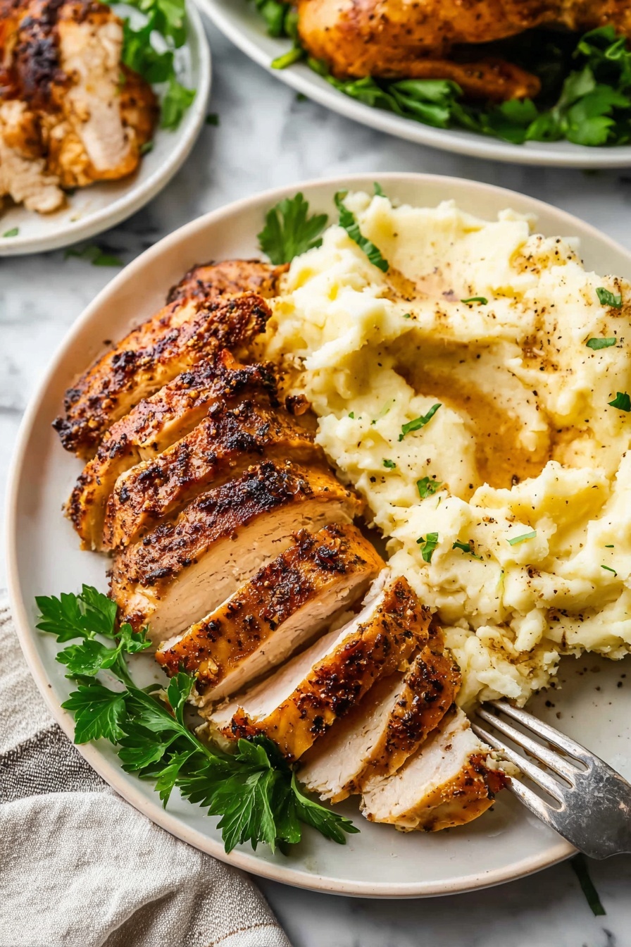 The image shows a white plate with six slices of cooked chicken arranged in a row on the left side, each slice golden-brown with a slightly crispy, peppered skin and moist interior. To the right of the chicken, there is a large serving of creamy mashed potatoes with a light yellow tint and soft, slightly lumpy texture. A small green parsley sprig decorates the middle area between the chicken and potatoes. A fork is stuck into the mashed potatoes on the right side of the plate. The plate sits on a white marbled surface with part of a beige towel with black stripes underneath the plate. In the background, there is another white plate with a whole cooked chicken resting on a bed of green leafy herbs. photo taken with an iphone --ar 2:3 --v 7