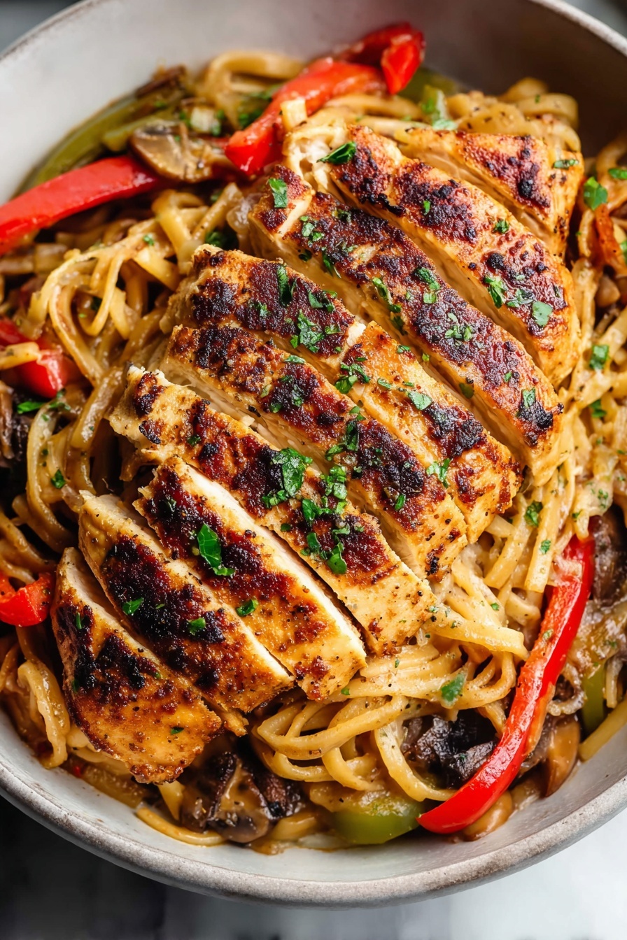 A white round plate holds a bed of light brown noodles mixed with dark brown mushrooms and strips of red and green bell peppers. On top, there are five thick slices of grilled chicken, browned with black pepper specks and some green herb pieces sprinkled over. The chicken has a golden crispy texture with charred darker spots. A fork with an aged bronze color is placed behind the chicken, partially visible. The whole scene sits on a white marbled surface. photo taken with an iphone --ar 2:3 --v 7