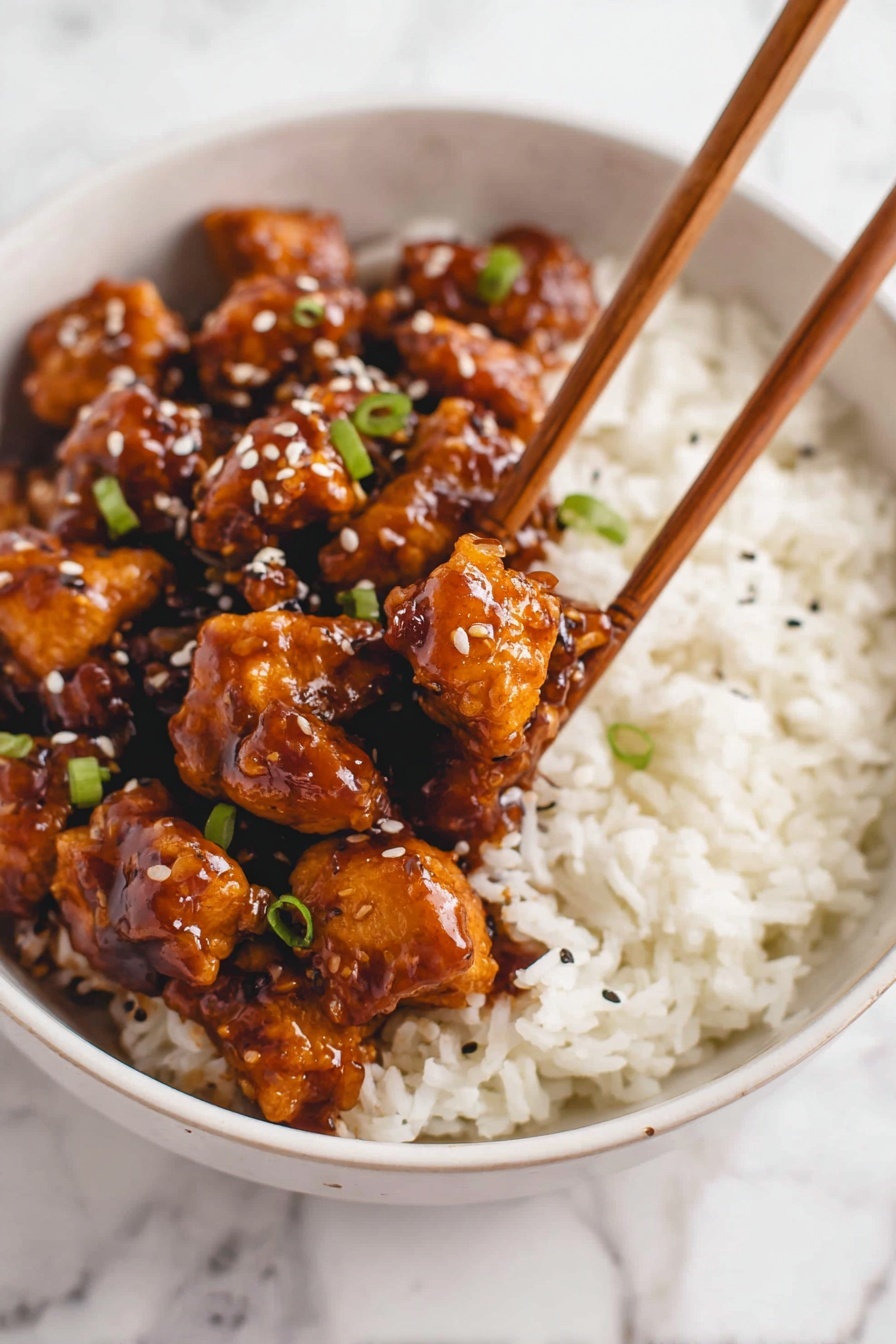 A white speckled bowl filled with a base layer of fluffy white rice, topped by a generous layer of small, bite-sized pieces of glossy, dark reddish-brown glazed chicken, sprinkled with white sesame seeds and small green chopped scallions. A pair of light brown wooden chopsticks is holding some pieces of the glazed chicken over the bowl. The bowl is placed on a white marbled surface. photo taken with an iphone --ar 2:3 --v 7