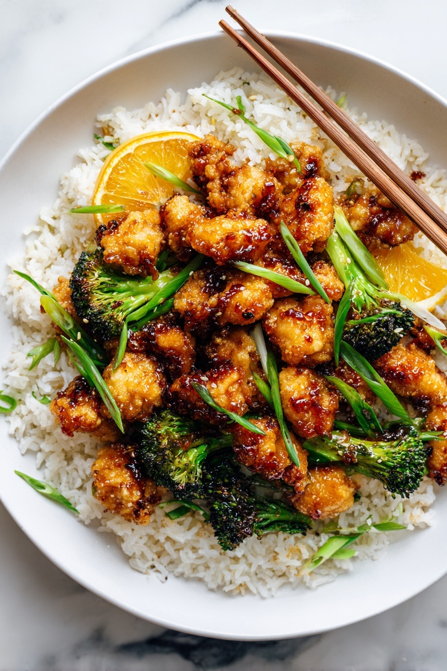 A white speckled round plate filled with a base layer of fluffy white rice, topped with golden-brown pieces of crispy glazed chicken scattered evenly, along with charred small broccoli florets and orange slices. The chicken glistens with a sticky sauce and is sprinkled with white sesame seeds. Thin green scallion strips are scattered over the top as garnish. The plate rests on an old metal tray with wooden chopsticks featuring blue and white patterned handles placed on the left side. The background is a white marbled texture. photo taken with an iphone --ar 2:3 --v 7