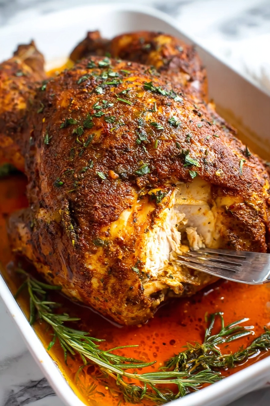 A close-up of a roasted chicken with crispy, dark golden brown skin covered in herbs and spices. The chicken is cut open to show the white, cooked meat inside, which looks tender and juicy. A fork is pulling away a piece of the chicken. There is a pool of reddish-brown sauce with green rosemary sprigs around the base of the chicken. The dish is placed on a white marbled surface. photo taken with an iphone --ar 2:3 --v 7