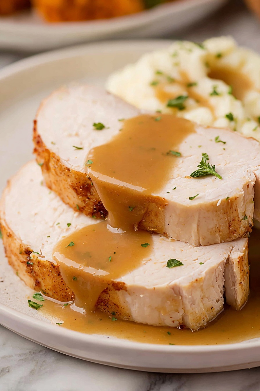 This image shows two thick slices of cooked white meat turkey with a light brown edge, placed on a white speckled plate. The turkey slices are topped with smooth, golden brown gravy softly flowing over the meat and sprinkled with small pieces of fresh green parsley. In the blurred background, a scoop of mashed potatoes covered in the same gravy is visible on the right side, all set on a white marbled surface. photo taken with an iphone --ar 2:3 --v 7