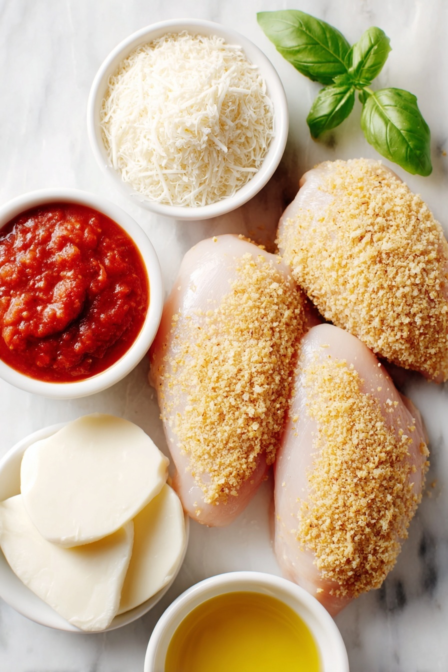 Flat lay of four raw boneless, skinless chicken breasts arranged evenly, a small white ceramic bowl filled with golden seasoned breadcrumbs, a small white ceramic bowl containing finely grated pale Parmesan cheese, a small white ceramic bowl with melted golden butter, a small white ceramic bowl holding shredded white mozzarella cheese, a small white ceramic bowl filled with vibrant red marinara sauce, and a small cluster of fresh bright green basil leaves, all placed on a clean white marble surface, soft natural light, photo taken with an iPhone, professional food photography style, fresh ingredients, white ceramic bowls, no bottles, no duplicates, no utensils, no packaging --ar 2:3 --v 7 --p m7354615311229779997