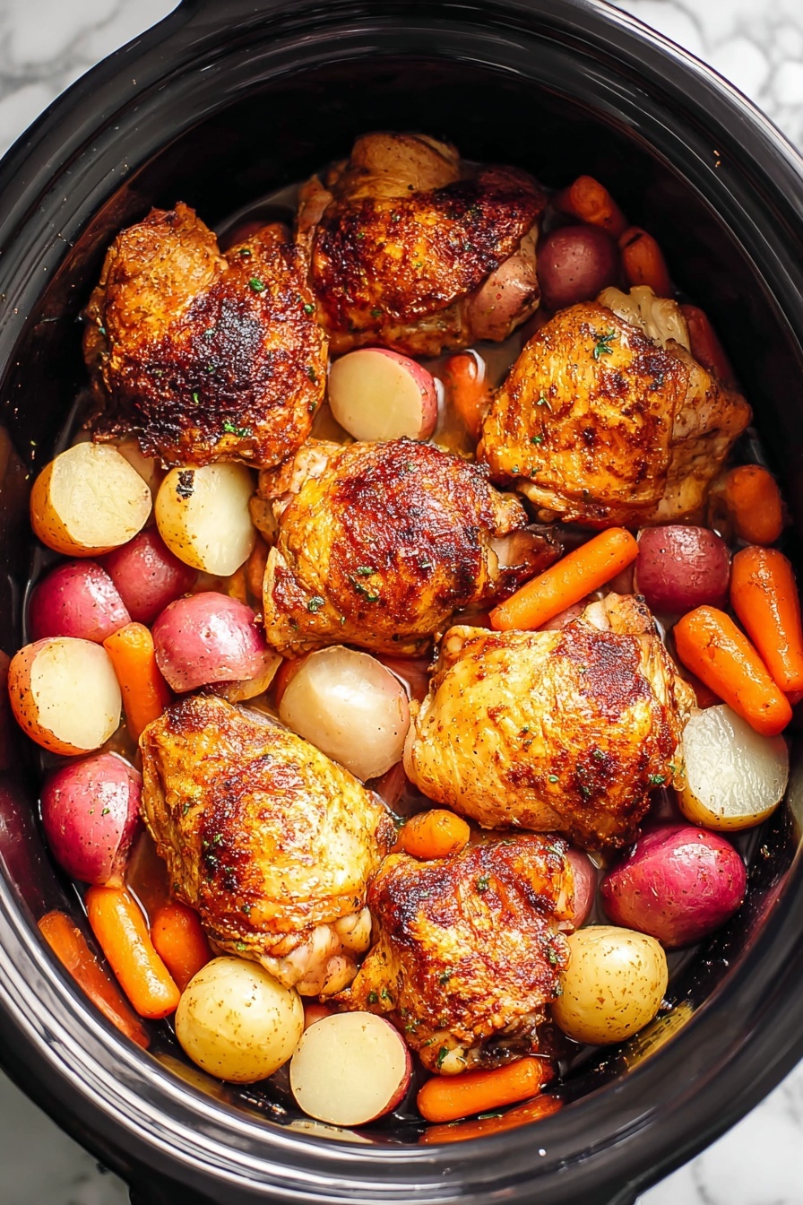 A black slow cooker filled with two main layers: the bottom layer has smooth, round slices of white potatoes and small whole red potatoes mixed with bright orange baby carrots, all partially submerged in a light broth; the top layer has seven golden-brown cooked chicken thighs with a crispy, slightly charred skin, evenly placed over the vegetables in a circular pattern. The background is a white marbled surface. photo taken with an iphone --ar 2:3 --v 7