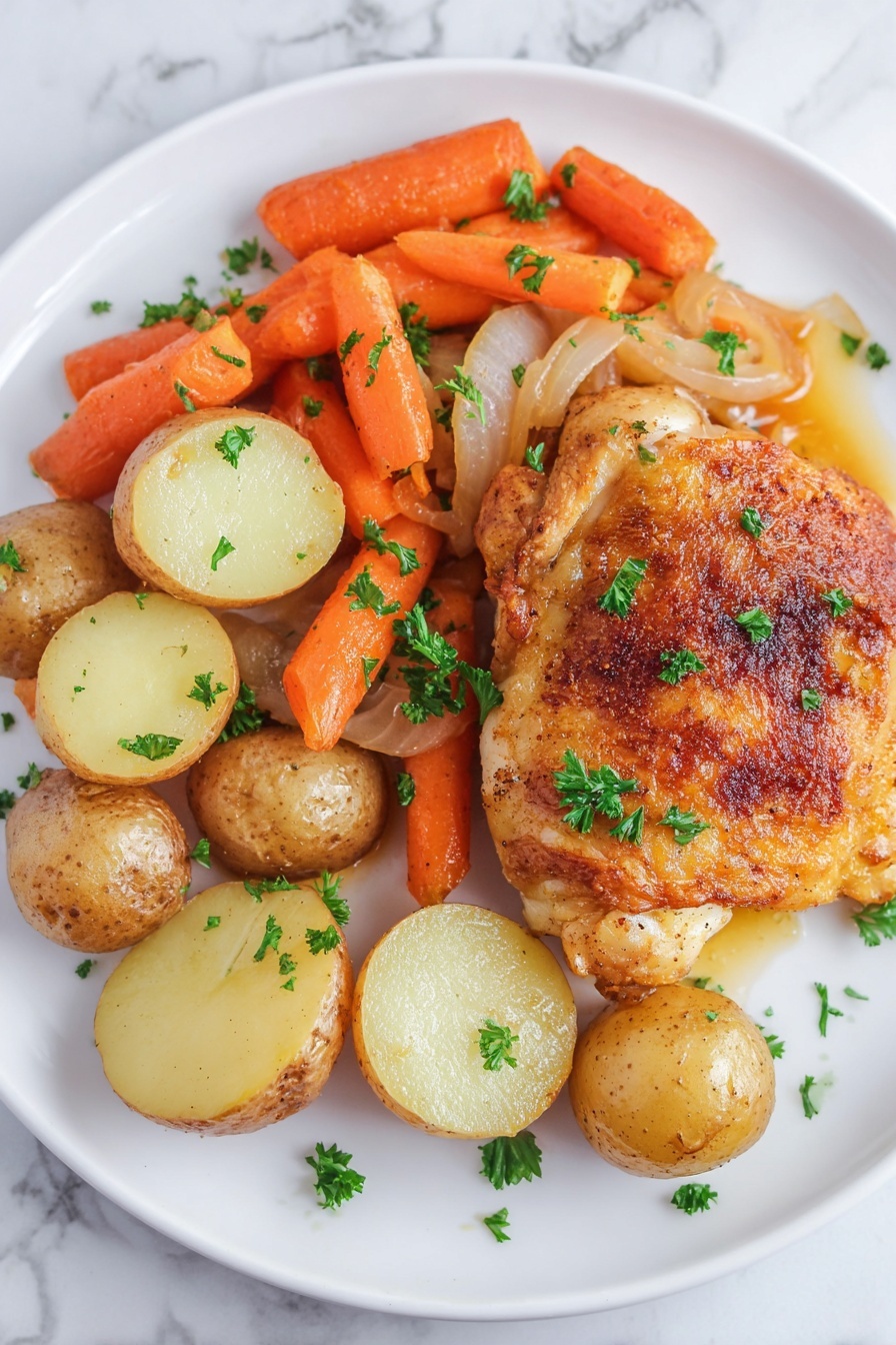 A white plate holds a simple meal with three main parts: the bottom right features a golden-brown cooked chicken piece with a slightly crispy texture and small green parsley leaves sprinkled on top; behind and to the left are soft, whole red potatoes, some halved to show creamy white inside, also sprinkled with parsley; the top of the plate is filled with bright orange cooked baby carrots mixed with translucent cooked onion slices, all lightly garnished with fresh green parsley. The plate is set on a white marbled surface. photo taken with an iphone --ar 2:3 --v 7