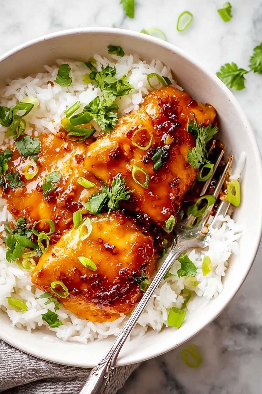 A white bowl filled with a base layer of soft, fluffy white rice. On top of the rice, there are two pieces of glazed, golden-brown chicken with a shiny, sticky sauce that has hints of dark brown and red colors. The chicken is garnished with small green onion slices and bright green cilantro leaves scattered across the dish. A silver fork rests inside the bowl against the rice, and some cilantro pieces are outside the bowl on the white marbled surface. Photo taken with an iphone --ar 2:3 --v 7