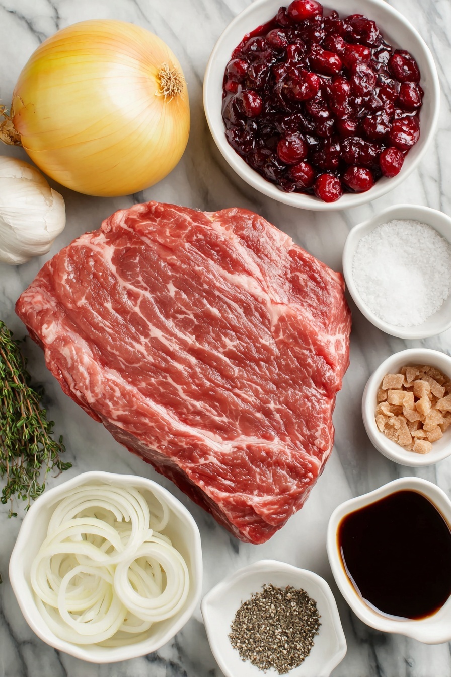 Flat lay of a fresh raw chuck roast, a large yellow onion sliced into rings arranged in a neat pile, a small white bowl filled with whole berry cranberry sauce, a small white bowl of brown sugar crystals, four whole garlic cloves with papery skins intact, a small white bowl of dried minced onion flakes, a small white bowl containing ground thyme powder, a small white bowl of kosher salt crystals, a small white bowl of freshly ground black pepper, a small white bowl holding dark Worcestershire sauce placed around the roast ingredients, all arranged in perfect symmetry on a clean white marble surface, soft natural light, photo taken with an iPhone, professional food photography style, fresh ingredients, white ceramic bowls, no bottles, no duplicates, no utensils, no packaging --ar 2:3 --v 7 --p m7354615311229779997