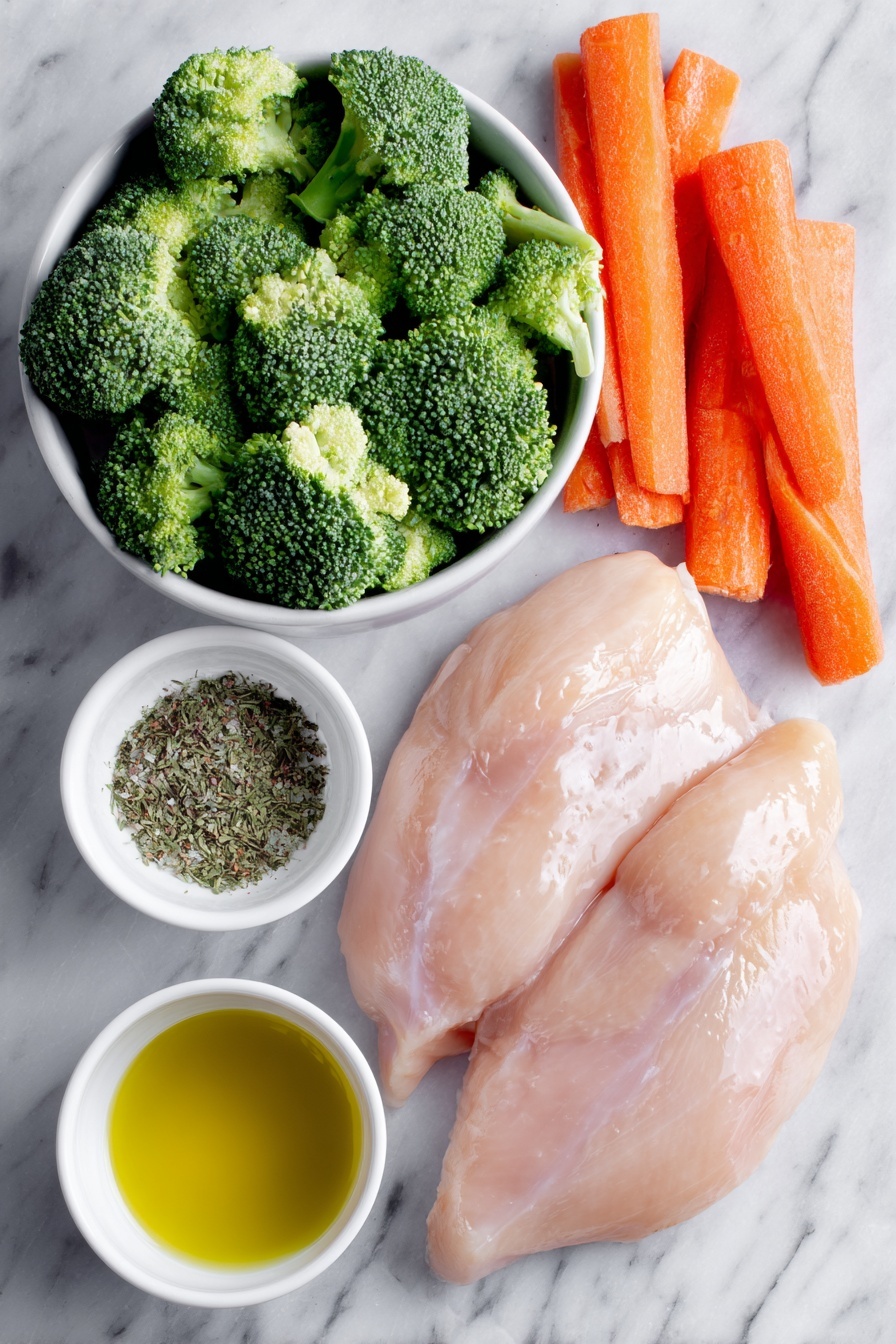 Flat lay of boneless skinless chicken breasts arranged neatly, bright green broccoli florets cut into bite-sized pieces, three large fresh carrots cut into chunks, a small white ceramic bowl of mixed Italian seasoning herbs, a small white bowl of kosher salt, another small white bowl containing garlic powder, a small white bowl with onion powder, a small white bowl filled with freshly cracked black pepper, and a small white bowl of golden olive oil, all placed in perfect symmetry on a clean white marble surface, soft natural light, photo taken with an iPhone, professional food photography style, fresh ingredients, white ceramic bowls, no bottles, no duplicates, no utensils, no packaging --ar 2:3 --v 7 --p m7354615311229779997