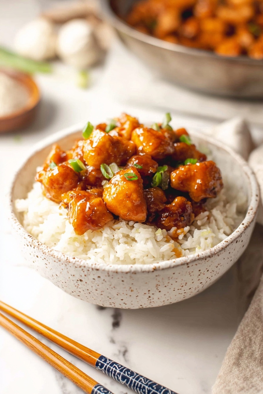 A white bowl with a speckled pattern holds a dish with two layers. The bottom layer is plain white rice with a fluffy texture. On top, chunks of shiny, orange-brown glazed chicken pieces are placed, some showing darker seared spots. Small green onion slices are scattered over the chicken, adding a fresh green contrast. Next to the bowl, a pair of wooden chopsticks with blue and white patterned tips rest on the rim. The background and surface have a clean, white marbled texture with some ginger and a striped cloth blurred in the far background. Photo taken with an iphone --ar 2:3 --v 7