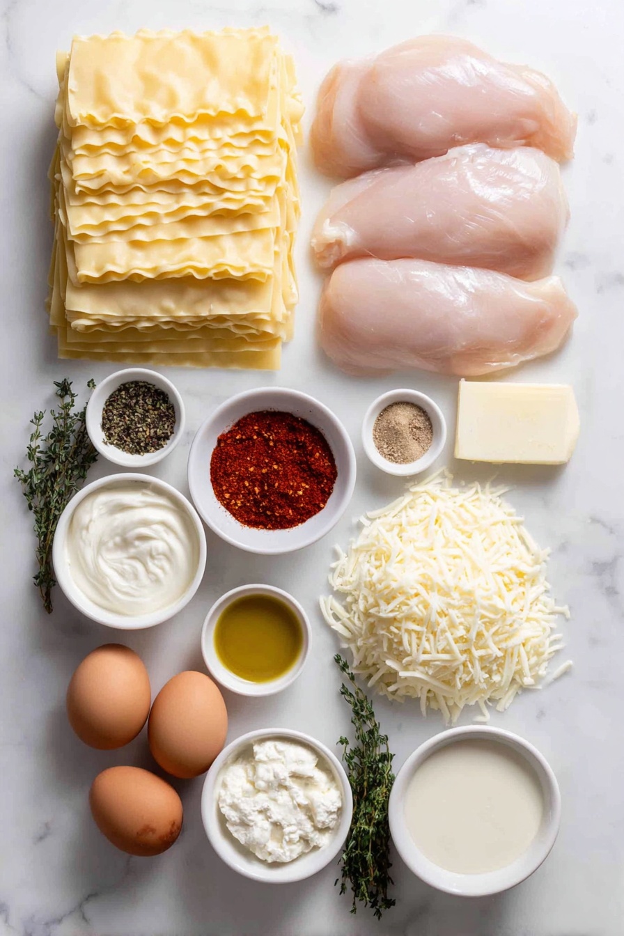 Flat lay of fresh uncooked lasagna noodle sheets stacked neatly, three raw chicken breasts with natural skin, a small white bowl of golden olive oil, a small white bowl filled with bright red smoked paprika powder, a small white bowl with vibrant orange cayenne pepper, a small white bowl containing pale beige onion powder, a small white bowl of light brown brown sugar granules, a small white bowl of white garlic powder, a small white bowl of coarse ground black pepper, a small white bowl of fine white salt, a small white bowl with dried green thyme leaves, a small white bowl with dried oregano flakes, a few large uncracked brown eggs with smooth clean shells, a small white bowl holding creamy off-white softened cream cheese block, a dollop of ricotta cheese with fresh texture on a white ceramic plate, a small white bowl filled with bright green chopped spinach, a small white bowl of shredded mozzarella cheese from an 8 oz block, a small white bowl of shredded colby jack cheese from an 8 oz block, a small white bowl with pale yellow butter cubes, a small white bowl with minced fresh garlic cloves, a small white bowl of silky heavy whipping cream, and a small white bowl with finely grated parmesan cheese, all ingredients arranged with perfect symmetry and balanced proportions, placed on a clean white marble surface, soft natural light, photo taken with an iPhone, professional food photography style, fresh ingredients, white ceramic bowls, no bottles, no duplicates, no utensils, no packaging --ar 2:3 --v 7 --p m7354615311229779997