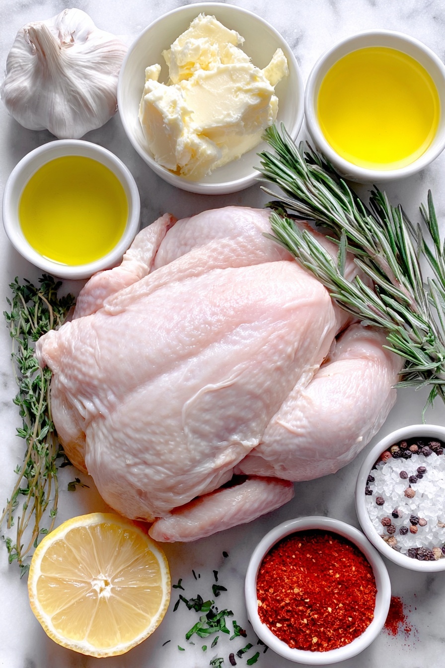 Flat lay of a whole raw chicken, two small white ceramic bowls—one with melted butter, another with olive oil, a medium white bowl with softened butter mixed with chopped fresh rosemary, chopped fresh thyme, minced garlic, and lemon zest, a whole head of garlic cut in half horizontally, six whole garlic cloves, a whole lemon and another lemon cut into quarters, small bunches of fresh rosemary tied together, small sprigs of fresh thyme, a few sprigs of fresh parsley, small white bowl with paprika powder, a few grains of coarse salt and freshly ground black pepper scattered naturally, all ingredients arranged symmetrically and balanced, placed on a clean white marble surface, soft natural light, photo taken with an iPhone, professional food photography style, fresh ingredients, white ceramic bowls, no bottles, no duplicates, no utensils, no packaging --ar 2:3 --v 7 --p m7354615311229779997