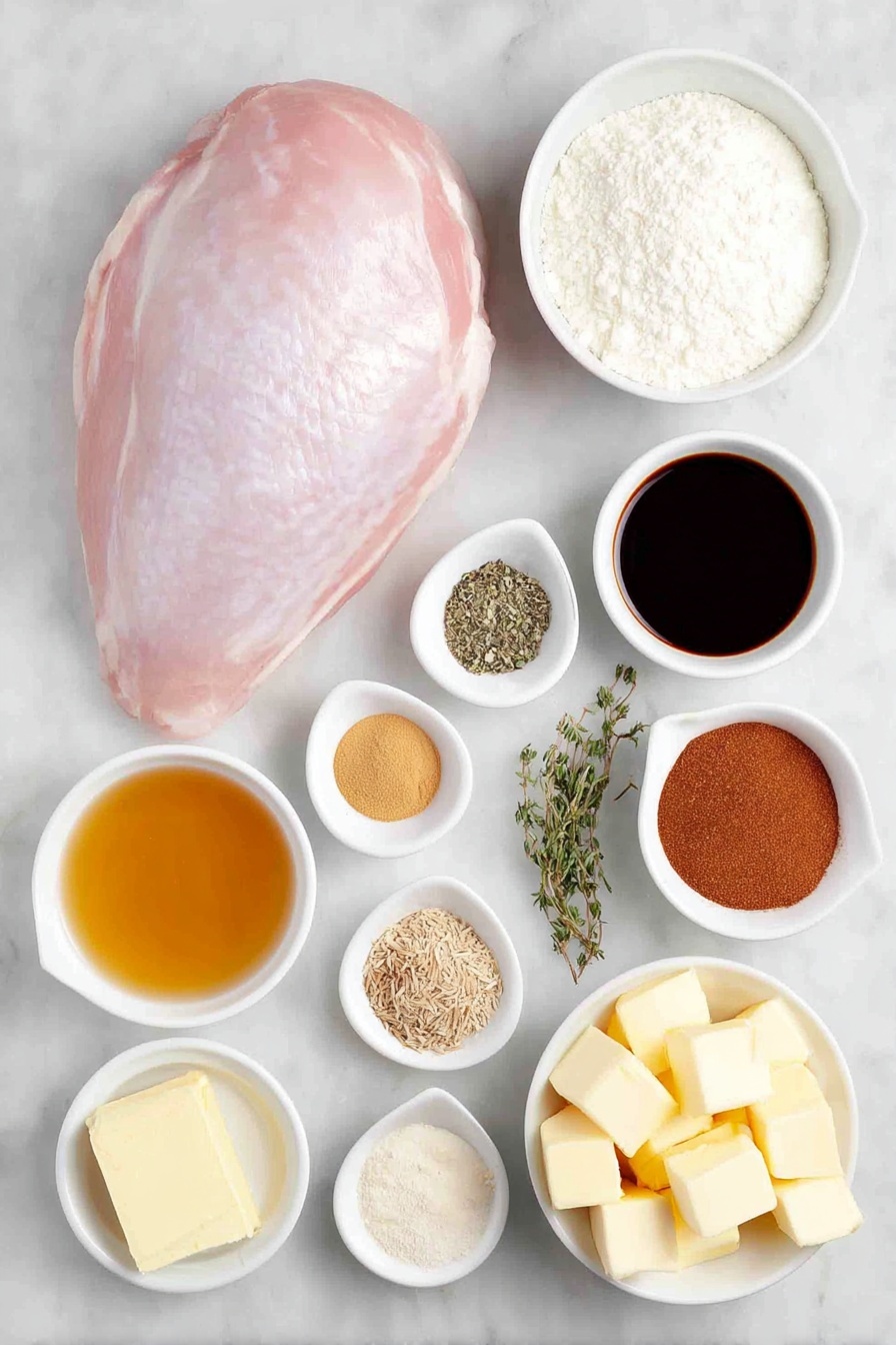 Flat lay of a fresh whole boneless turkey breast roast, a small mound of packed light brown sugar, a small white bowl of golden maple syrup, a small white bowl of amber honey, a small white bowl of dark soy sauce, a small white bowl of whole grain mustard with visible mustard seeds, a small heap of reddish smoked paprika powder, small piles of onion powder and garlic powder on the side, a small pile of dried thyme leaves, small piles of kosher salt and black peppercorns, a chunk of pale unsalted butter, a small white bowl filled with all-purpose flour, a small white bowl holding amber bourbon whiskey, a small white bowl of golden apple cider, a small white bowl containing Dijon mustard, all arranged symmetrically and proportionally on a clean white marble surface, soft natural light, photo taken with an iPhone, professional food photography style, fresh ingredients, white ceramic bowls, no bottles, no duplicates, no utensils, no packaging --ar 2:3 --v 7 --p m7354615311229779997