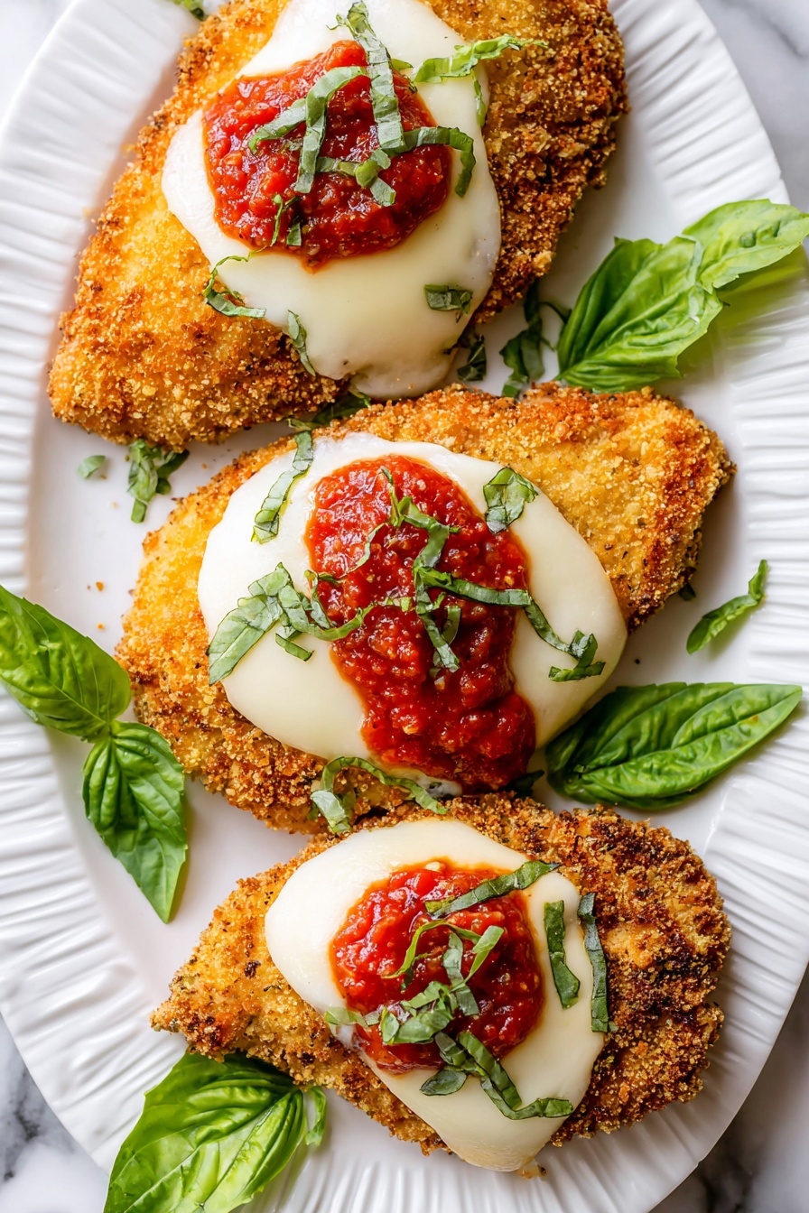Three pieces of golden brown breaded chicken cutlets are placed on a white plate with a white marbled texture beneath. Each cutlet has three visual layers: a crispy textured chicken base, topped with a smooth round layer of melted white cheese, followed by a dollop of rich red tomato sauce, and sprinkled with thin strips of fresh green basil leaves. Around the chicken are scattered bright green basil leaves adding a fresh touch to the scene. The photo shows a close-up view with bright, natural lighting. photo taken with an iphone --ar 2:3 --v 7