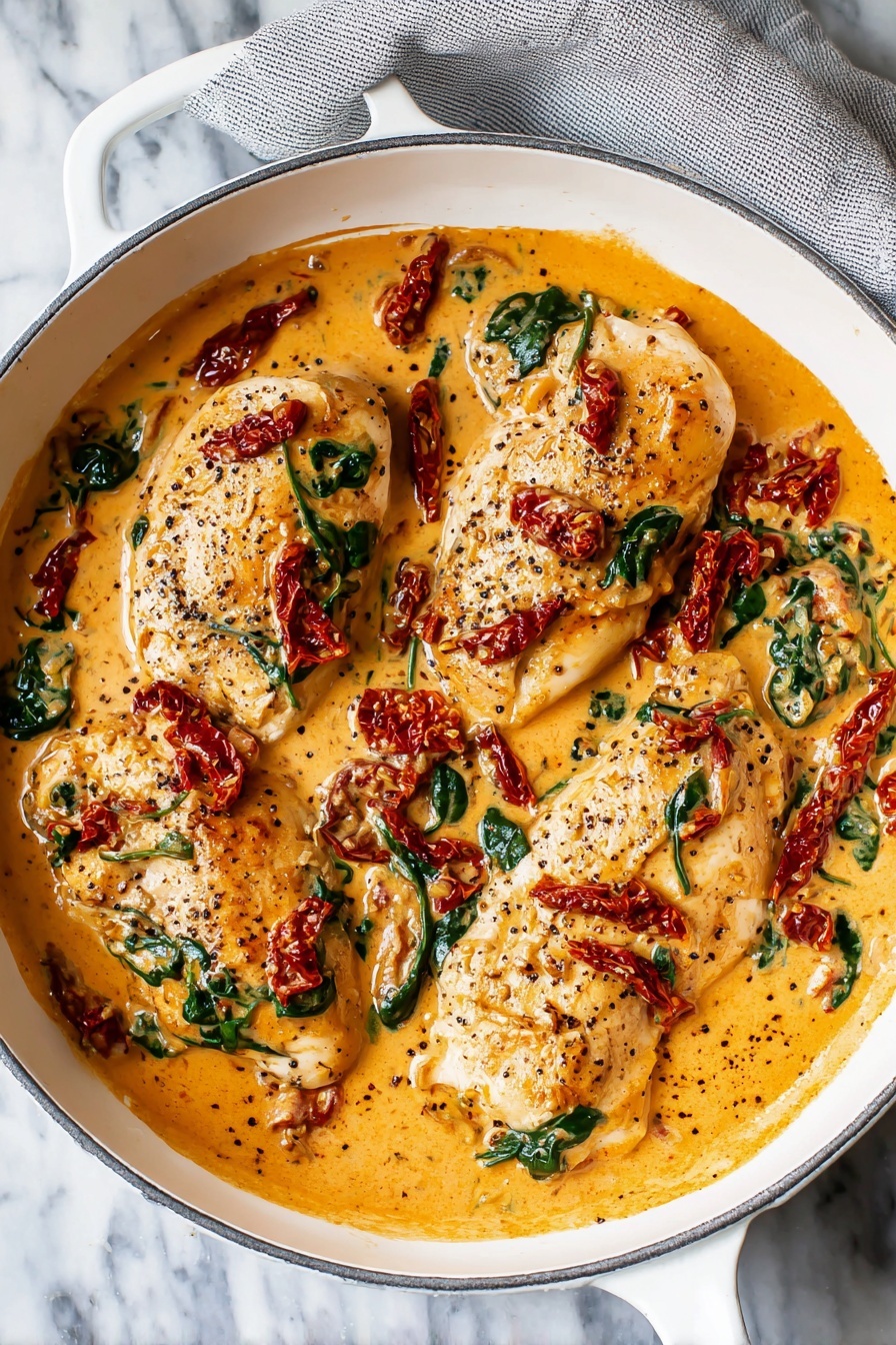A white round pan holds four large pieces of light brown cooked chicken in a thick, creamy orange sauce. The sauce is mixed with dark green wilted spinach leaves and strips of deep red sun-dried tomatoes scattered over and between the chicken pieces. The chicken is slightly browned on top with black specks of seasoning. The pan rests on a gray checked cloth, all set on a white marbled surface. photo taken with an iphone --ar 2:3 --v 7