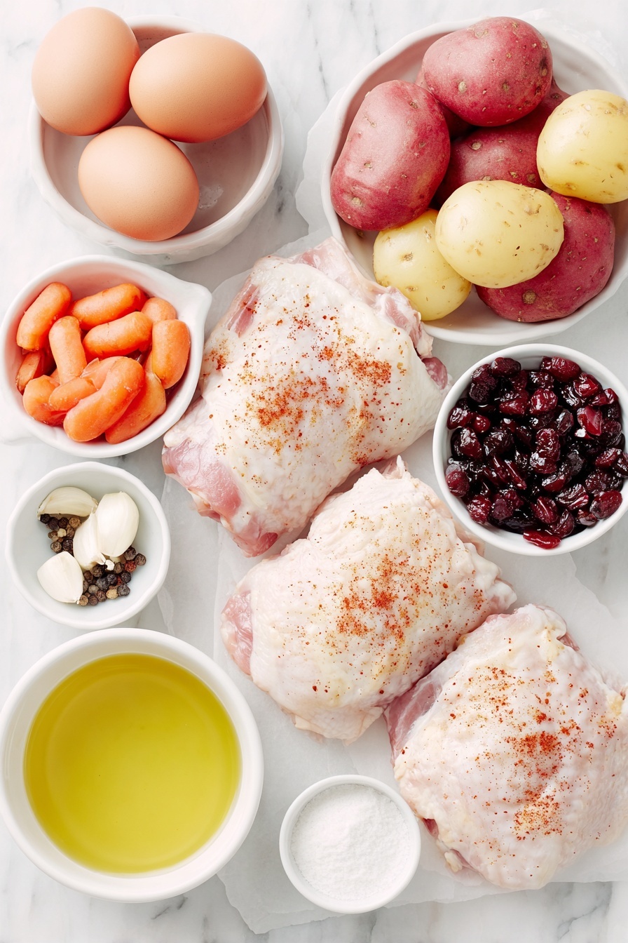 Flat lay of boneless skinless chicken thighs seasoned with smoked paprika, salt, and black pepper in a simple white ceramic bowl, halved baby red potatoes arranged neatly on a white plate, a small bunch of fresh baby carrots, chopped medium red onion in a white bowl, three whole garlic cloves, a small white bowl of olive oil, a small white bowl filled with clear chicken broth, and two whole brown eggs representing the cornstarch and water slurry concept, all placed on a clean white marble surface, soft natural light, photo taken with an iPhone, professional food photography style, fresh ingredients, white ceramic bowls, no bottles, no duplicates, no utensils, no packaging --ar 2:3 --v 7 --p m7354615311229779997