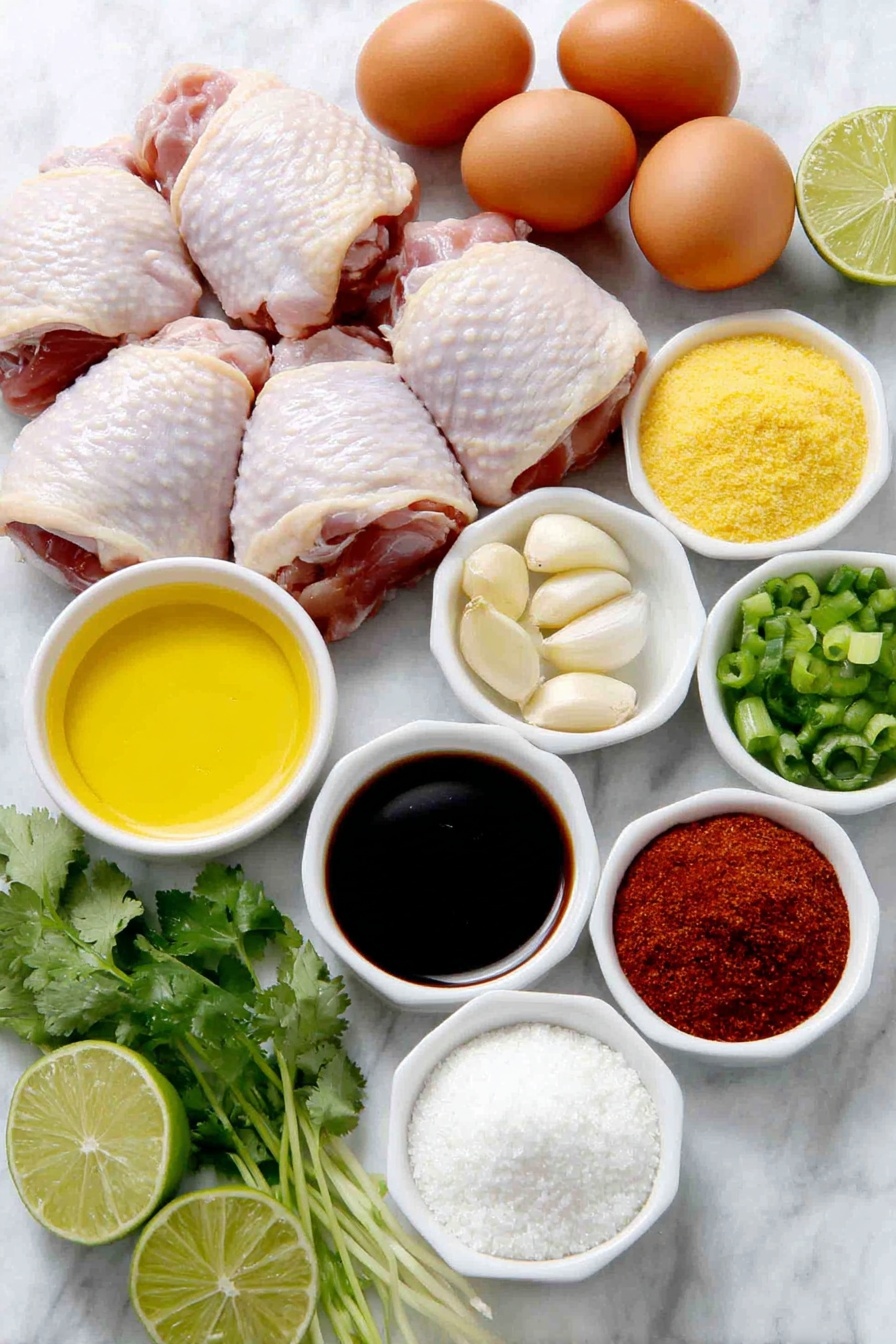 Flat lay of raw chicken thighs with smooth pale pink skin, a small white ceramic bowl of golden honey, a small white ceramic bowl of light green avocado oil, a small white ceramic bowl of dark brown tamari sauce, four whole uncracked garlic cloves, a small white ceramic bowl of bright red paprika powder, a small white ceramic bowl of pale beige onion powder, a small white ceramic bowl of amber apple cider vinegar, a mound of cooked white rice on a simple white ceramic plate, a few stalks of fresh green onions sliced, a handful of vibrant green chopped cilantro leaves, a halved fresh lime with glistening green flesh on a simple white ceramic dish, placed on a clean white marble surface, soft natural light, photo taken with an iPhone, professional food photography style, fresh ingredients, white ceramic bowls, no bottles, no duplicates, no utensils, no packaging --ar 2:3 --v 7 --p m7354615311229779997