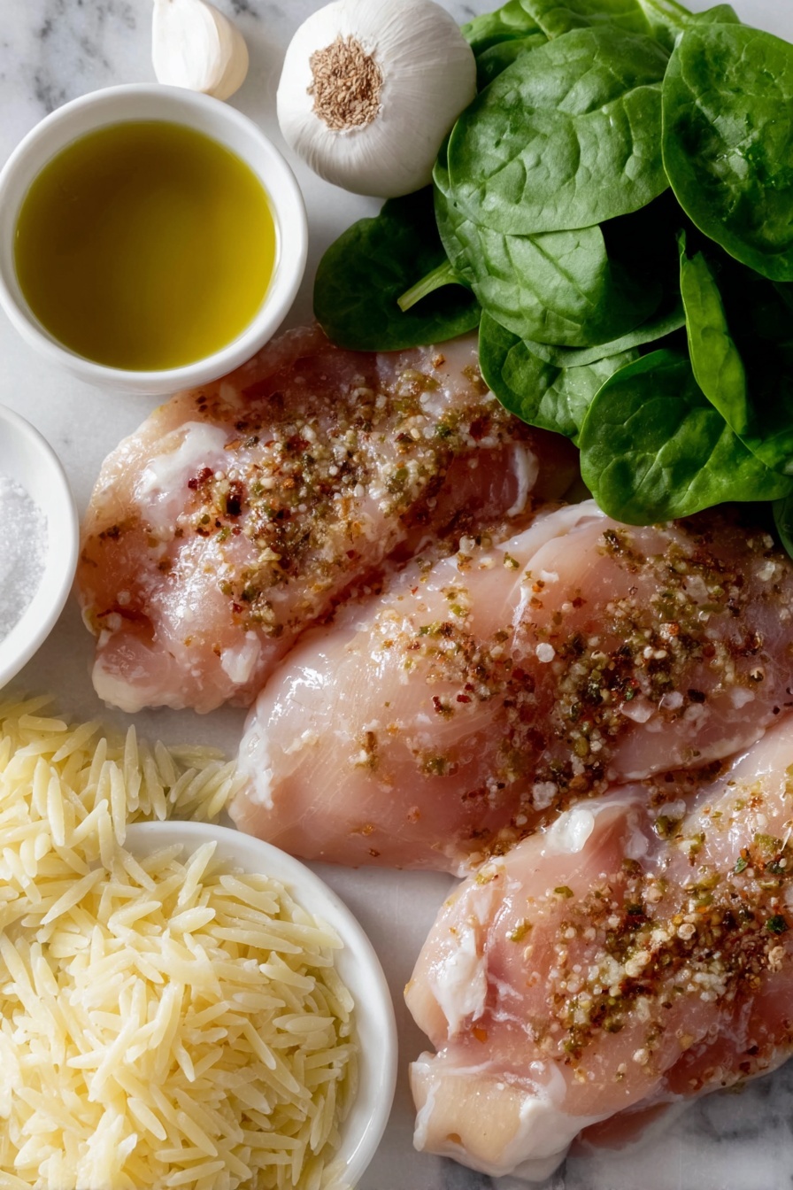 Flat lay of thin raw chicken breasts seasoned with cracked black pepper and paprika, a few garlic cloves whole and unpeeled, a small white ceramic bowl of golden olive oil, a small white ceramic bowl containing uncooked orzo pasta, a small white ceramic bowl with grated parmesan cheese, a small white ceramic bowl with creamy heavy cream, a small white ceramic bowl with rich red tomato paste, two handfuls of fresh baby spinach leaves, a small white ceramic bowl of clear low sodium chicken broth, a small white ceramic bowl with mixed Italian dried herbs, whole uncracked brown sea salt eggs not present but omitted accordingly, all ingredients fresh and natural, balanced symmetrical layout, placed on a clean white marble surface, soft natural light, photo taken with an iPhone, professional food photography style, fresh ingredients, white ceramic bowls, no bottles, no duplicates, no utensils, no packaging --ar 2:3 --v 7 --p m7354615311229779997