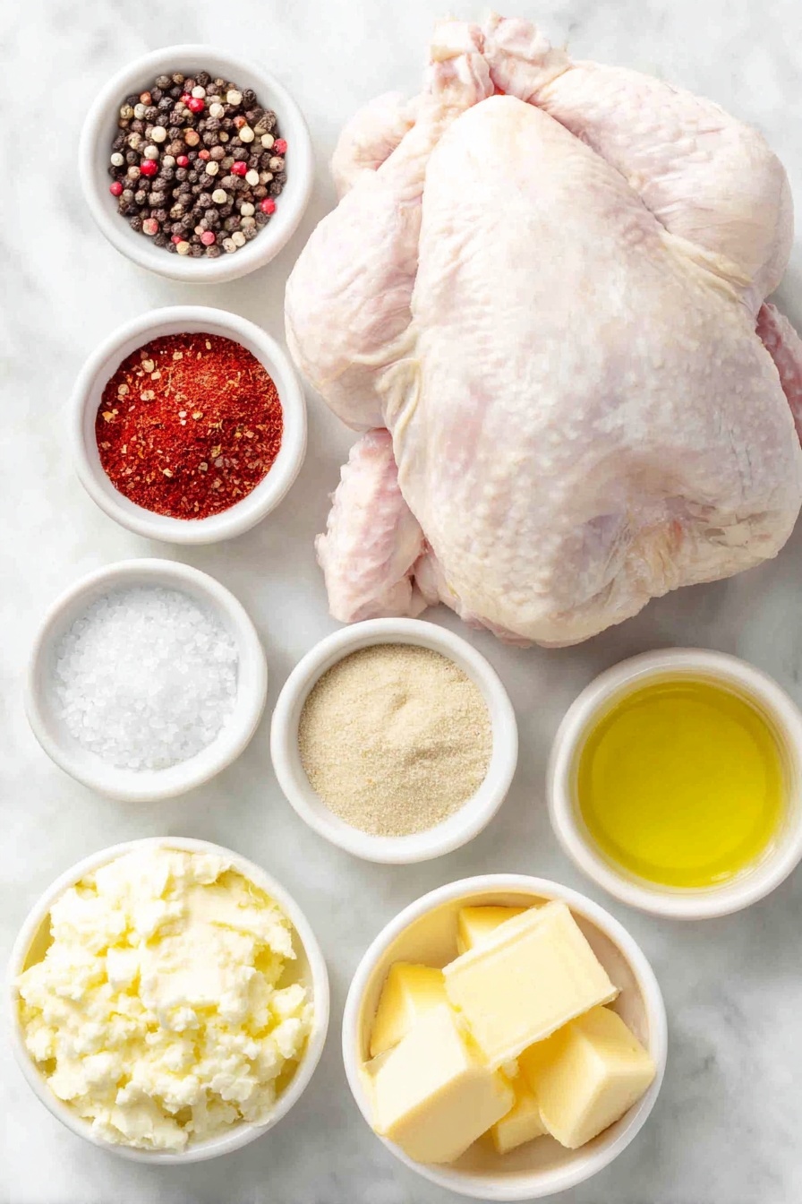 Flat lay of one whole raw turkey with pale pink skin and legs tucked under the body, a small white ceramic bowl of coarse kosher salt crystals, a small white ceramic bowl of whole black peppercorns, a small white ceramic bowl of vibrant red paprika powder, a small white ceramic bowl of off-white garlic powder, a small white ceramic bowl of pale beige onion powder, a small white ceramic bowl holding a mound of softened golden salted butter, a small white ceramic bowl with glossy green olive oil, all arranged symmetrically on a clean white marble surface, soft natural light, photo taken with an iPhone, professional food photography style, fresh ingredients, white ceramic bowls, no bottles, no duplicates, no utensils, no packaging --ar 2:3 --v 7 --p m7354615311229779997
