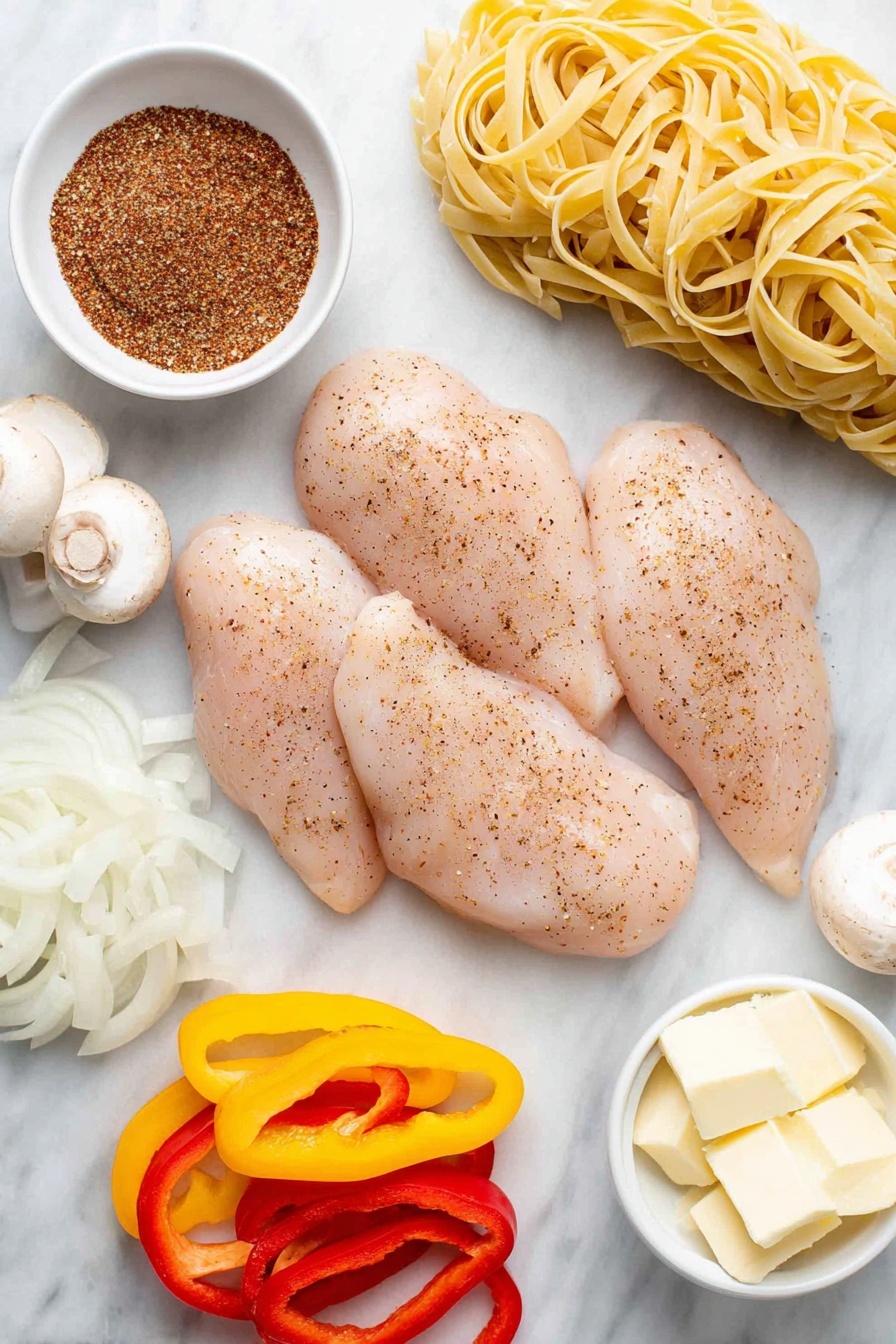 Flat lay of four whole uncut boneless skinless chicken breasts seasoned lightly with a dusting of reddish-brown Cajun spice, a small white ceramic bowl filled with deep red and golden yellow sliced multi-color bell peppers, a small white ceramic bowl with thinly sliced vibrant purple red onion, a small white ceramic bowl containing fresh beige cremini mushrooms sliced, a neat bundle of uncooked pale yellow linguine pasta strands, a small white ceramic bowl holding thick creamy white heavy cream, and three small pats of glossy light yellow butter placed on a white ceramic dish, all arranged symmetrically and balanced, placed on a clean white marble surface, soft natural light, photo taken with an iPhone, professional food photography style, fresh ingredients, white ceramic bowls, no bottles, no duplicates, no utensils, no packaging --ar 2:3 --v 7 --p m7354615311229779997
