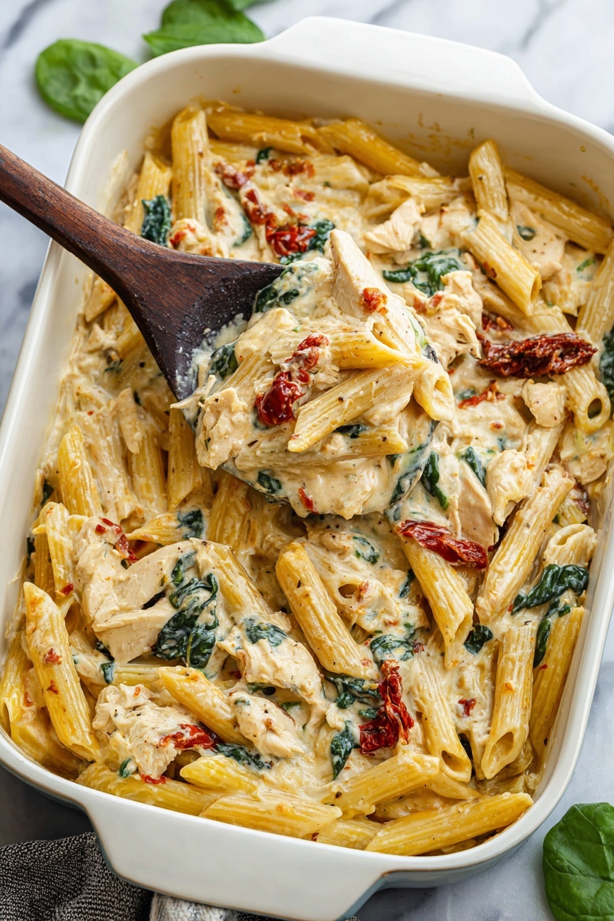 A close-up of a white baking dish full of creamy pasta with several layers visible: at the bottom, short pasta in pale yellow, topped by a thick layer of melted white cheese sauce mixed with bright green spinach leaves and chunks of light beige chicken pieces, and scattered with bits of sun-dried tomatoes in deep red-orange. A wooden spoon lifts a scoop of the pasta mix, showing the creamy texture dripping slightly with the cheese sauce, all set on a white marbled surface. photo taken with an iphone --ar 2:3 --v 7