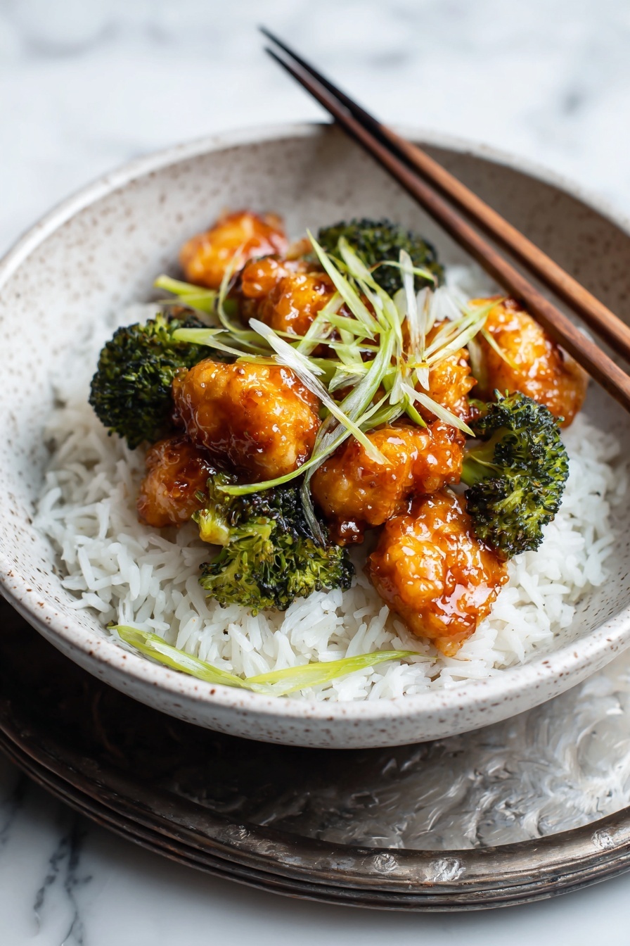 A round white plate holds a bed of fluffy white rice as the base layer, topped with browned, glazed chicken pieces that have a slightly crispy texture. Bright green roasted broccoli florets are mixed among the chicken. Thin, sliced green onions are scattered on top as garnish. A pair of wooden chopsticks with blue and white patterns rests on the left side of the plate. The white marbled surface underneath adds a clean background to the dish. photo taken with an iphone --ar 2:3 --v 7