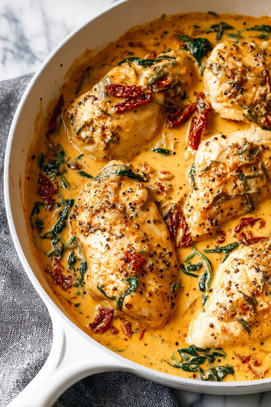 The image shows a white pan filled with four cooked chicken pieces in a thick, creamy orange sauce. The sauce is rich and smooth with visible specks of herbs and small chunks of sun-dried tomatoes, which are dark red and wrinkled. There are also green wilted spinach leaves scattered on top and mixed within the sauce. The chicken pieces are browned lightly on top, smooth and plump, soaking in the sauce. The pan is resting on a gray textured cloth, and the whole scene is set against a white marbled surface. photo taken with an iphone --ar 2:3 --v 7