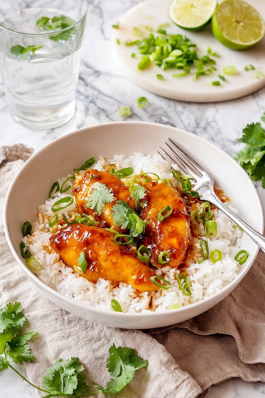 A white bowl filled with a layer of fluffy white rice topped with two pieces of glazed chicken thighs covered in a shiny dark orange sauce. The chicken is garnished with chopped green onions and fresh cilantro leaves scattered on top. The bowl sits on a light beige fabric on a white marbled textured surface, next to a silver fork. In the background, a white plate holds lime wedges and sliced green onions, and to the right, a clear ribbed glass with water is partially visible. Photo taken with an iphone --ar 2:3 --v 7