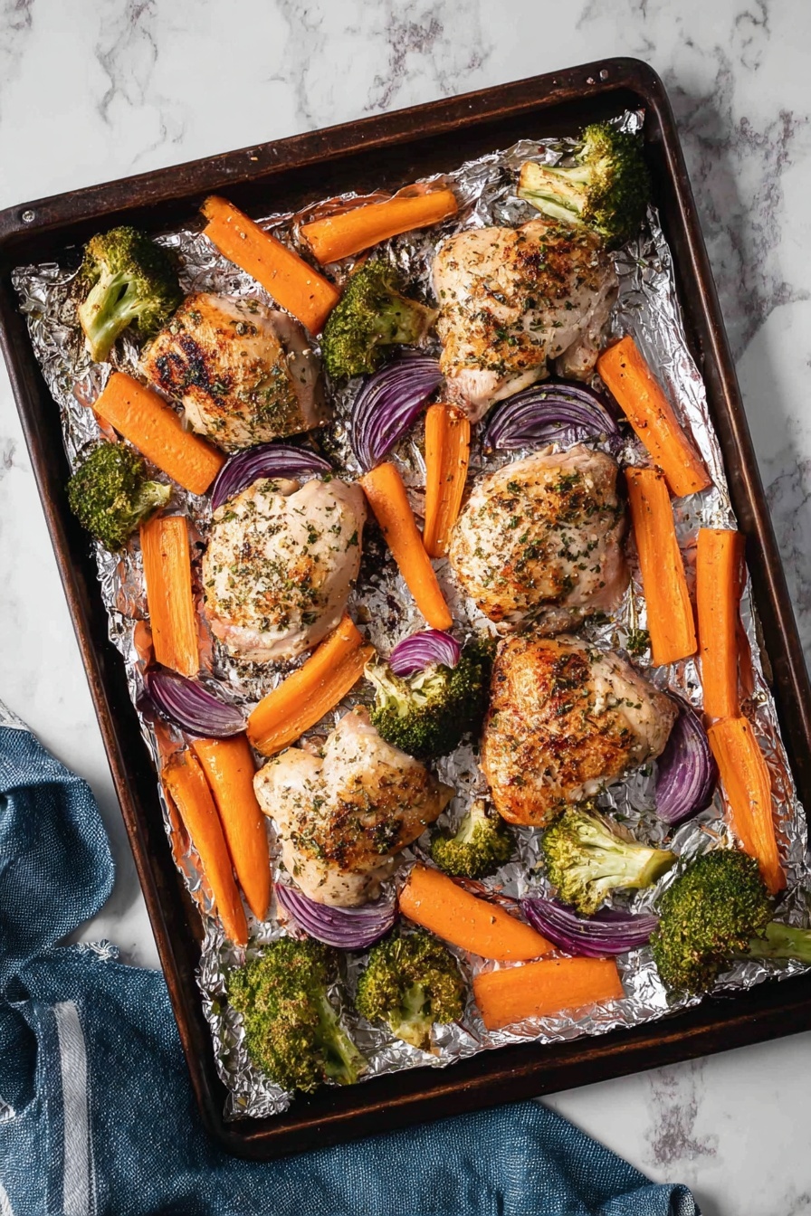 The image shows a dark metal baking tray lined with crinkled silver foil. On the tray, there are five pieces of cooked chicken with a light brown color and seasoning on top, each placed in different parts of the tray center and bottom. Around the chicken are roasted vegetable pieces including bright orange carrot sticks, dark green broccoli florets, and purple-red onion wedges, all roasted with a slightly crispy texture. The background surface is a white marbled texture. photo taken with an iphone --ar 2:3 --v 7