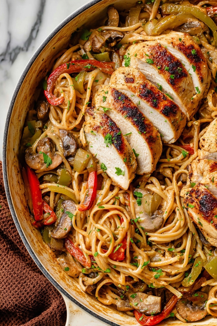 The image shows a white pan filled with a creamy pasta dish topped with two layers of sliced grilled chicken. The bottom layer consists of light brown noodles mixed with thick slices of red and green bell peppers, mushrooms, and onions in a creamy sauce. On top, there are two rows of golden-brown grilled chicken slices, sprinkled with green herbs and black pepper. The pan is placed on a white marbled surface with a brown cloth on the left side. photo taken with an iphone --ar 2:3 --v 7