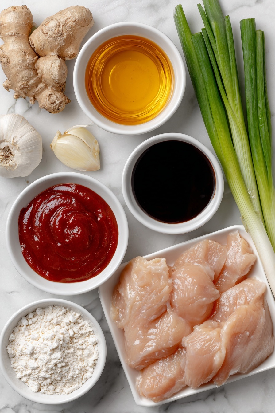 Flat lay of a small mound of finely diced fresh ginger, two whole uncracked brown garlic cloves, a small white ceramic bowl filled with golden honey, a small white ceramic bowl with dark soy sauce, a small white ceramic bowl holding bright red ketchup, a small white ceramic bowl containing deep amber toasted sesame oil, a small heap of white sesame seeds, raw boneless skinless chicken breasts with natural pinkish tones, a small white ceramic bowl of pale white cornstarch, three stalks of fresh green onions with vibrant green tops and white bulbs arranged neatly, and a small white ceramic bowl with clear cooking oil, all arranged in perfect symmetry on a clean white marble surface, soft natural light, photo taken with an iPhone, professional food photography style, fresh ingredients, white ceramic bowls, no bottles, no duplicates, no utensils, no packaging --ar 2:3 --v 7 --p m7354615311229779997