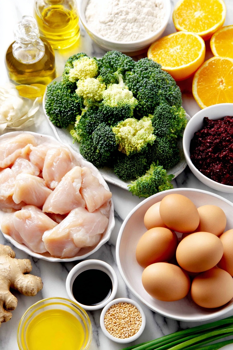 Flat lay of fresh, cubed raw chicken breasts with a light dusting of flour, a small mound of bright orange zest, a few whole uncracked brown eggs nearby, vibrant green broccoli florets, slender green onions with white bulbs, a small white bowl of golden extra virgin olive oil, another white bowl with shiny black peppercorns, a small white bowl filled with bright orange fresh orange juice, a white bowl with dark tamari soy sauce, a white bowl containing pale rice vinegar, a small bowl of amber honey, finely grated fresh garlic cloves, delicate strands of fresh grated ginger, a small white bowl of deep red gochujang chili paste, a white bowl holding rich toasted sesame oil, a small bowl of white cornstarch, and a scattering of toasted sesame seeds, all perfectly arranged with balanced spacing and symmetry, placed on a clean white marble surface, soft natural light, photo taken with an iPhone, professional food photography style, fresh ingredients, white ceramic bowls, no bottles, no duplicates, no utensils, no packaging --ar 2:3 --v 7 --p m7354615311229779997