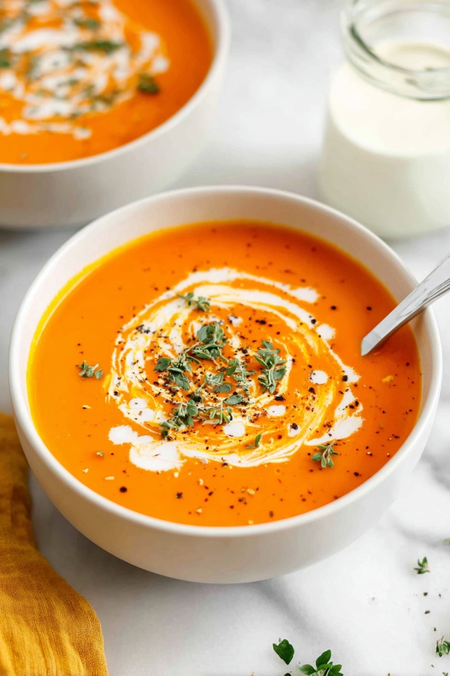 A white bowl filled with bright orange tomato soup is shown, topped with a swirl of white cream and sprinkled with green chopped herbs and small black pepper flakes. A white spoon rests in the bowl on the right side. In the background, there is a small glass bowl with a white liquid and parts of another white bowl with more soup. The whole scene sits on a white marbled surface with a mustard yellow cloth peeking in from the bottom left. photo taken with an iphone --ar 2:3 --v 7