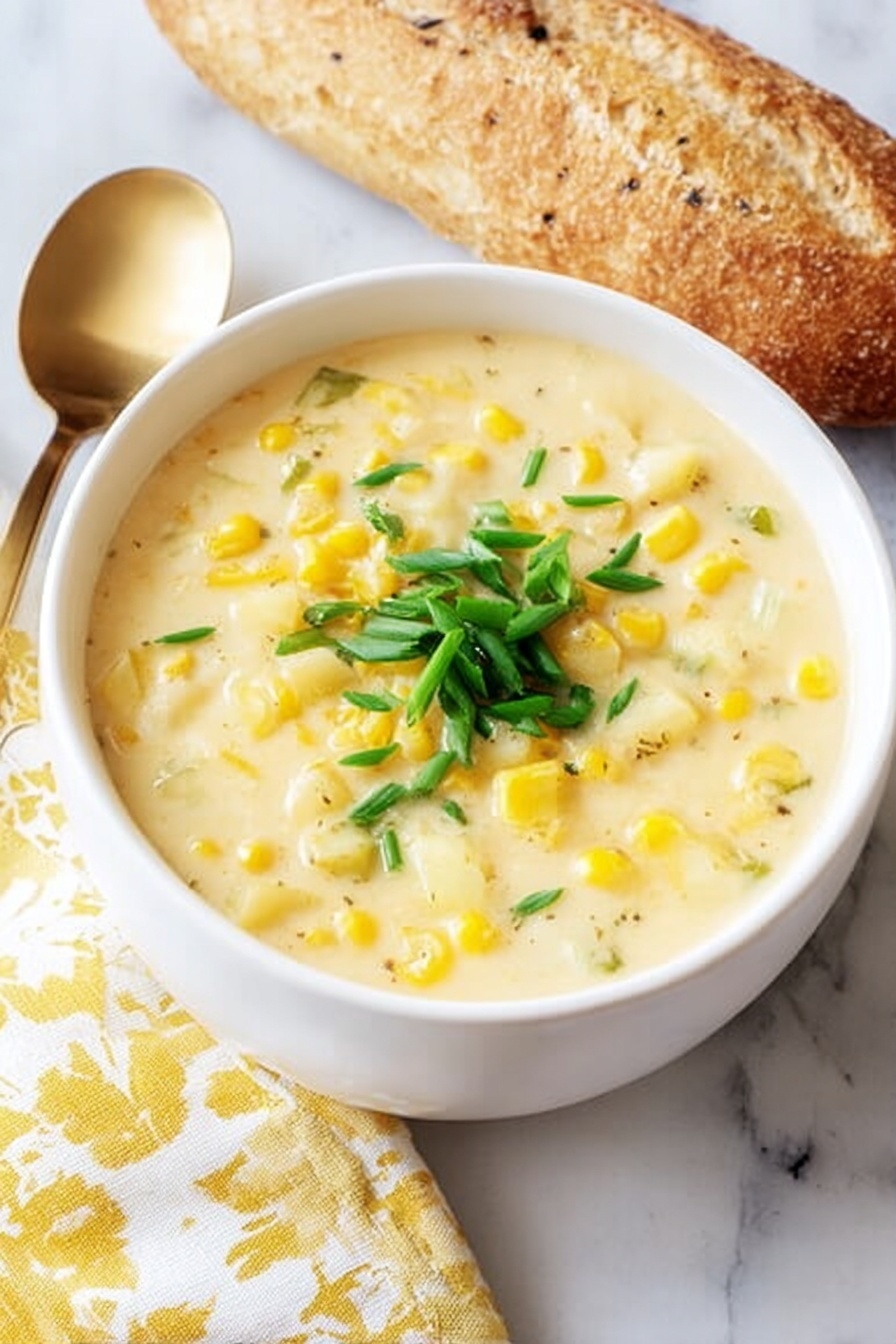A white bowl filled with thick, creamy yellow corn soup, dotted with chunks of light yellow potato and bright yellow corn kernels throughout. The soup is topped with a small pile of fresh, chopped green onions placed right in the center. The bowl sits on a white marbled surface with a folded yellow and white patterned cloth beside it. A white loaf of sliced bread is placed above the bowl. A golden spoon rests next to the bowl at the left side. photo taken with an iphone --ar 2:3 --v 7