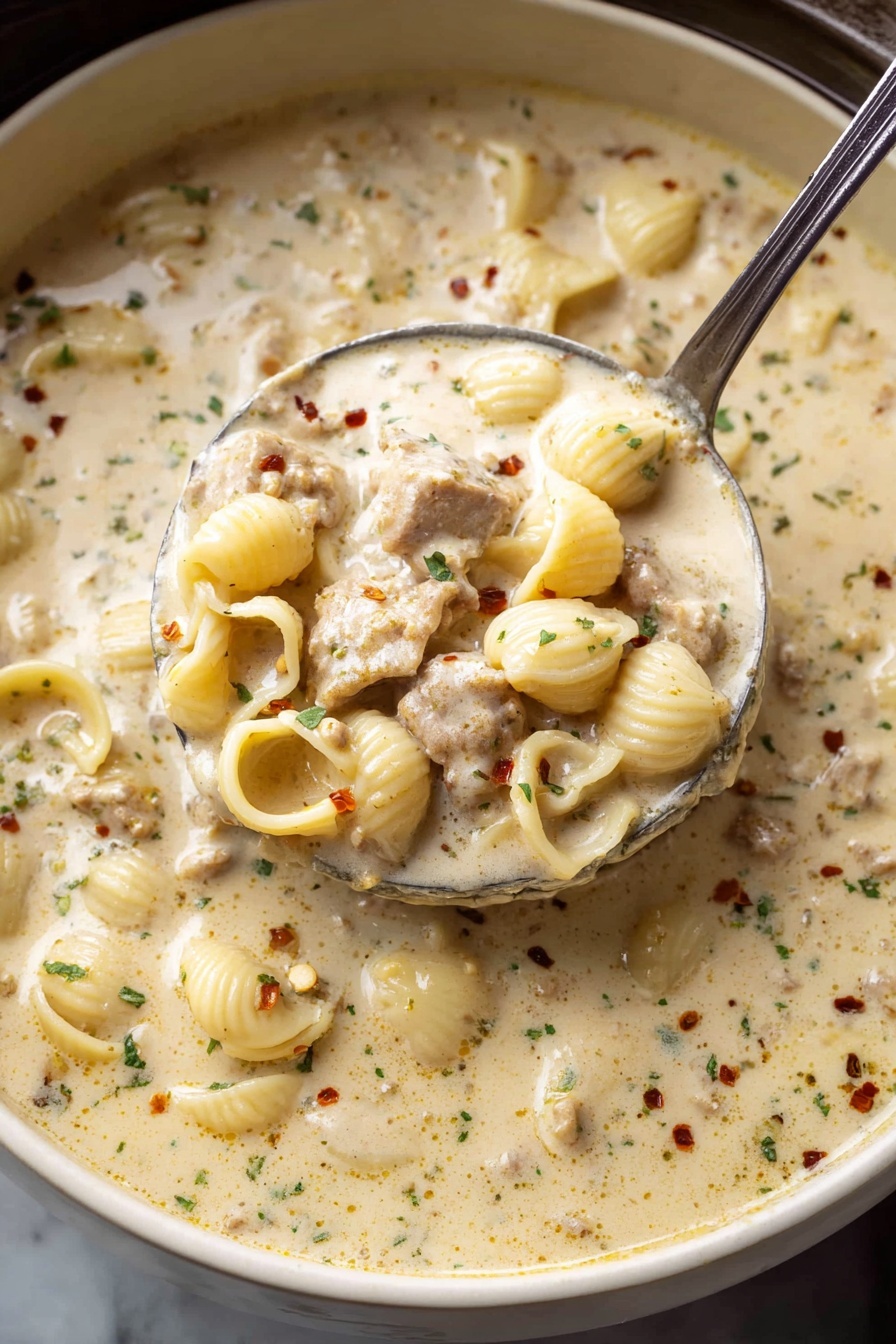 A large blue pot filled with creamy, light beige chowder soup that has visible chunks of white and golden corn kernels, small pieces of light brown chicken, and small pasta shells floating on the surface, garnished in the center with some finely chopped green herbs and sprinkled with red pepper flakes; the pot is placed on a wooden table with a white marbled texture, surrounded by toasted slices of bread in a white bowl, some loose bread slices, a small white bowl of red pepper flakes, a wooden dish of chopped herbs, and a silver spoon nearby, photo taken with an iphone --ar 2:3 --v 7