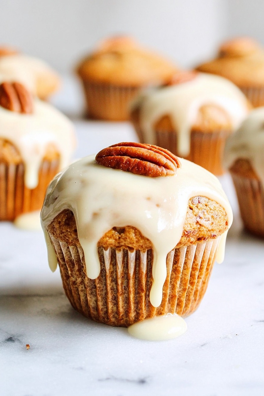 A close-up image of a golden brown muffin with a textured, slightly cracked top, placed on a white marbled surface. The muffin has a soft white icing layer dripping unevenly down its sides. On top of the icing, there is a single pecan nut added as a garnish. In the background, several similar muffins with white icing and pecan nuts are softly blurred, along with a white bowl on the right side. The lighting is bright and natural, highlighting the warm tones of the muffins and the smooth texture of the icing. photo taken with an iphone --ar 2:3 --v 7