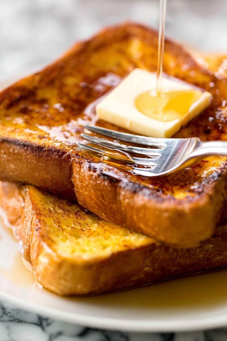 Two thick slices of golden brown toast stacked on a white plate, each slice showing a crispy texture and soft inside. On the top slice, there is a small square of melting pale yellow butter slightly spreading outward. A silver fork is gently pressing down on the buttered toast, catching some syrup that glistens and drips down the sides of the bread. The background is a simple white marbled surface. photo taken with an iphone --ar 2:3 --v 7