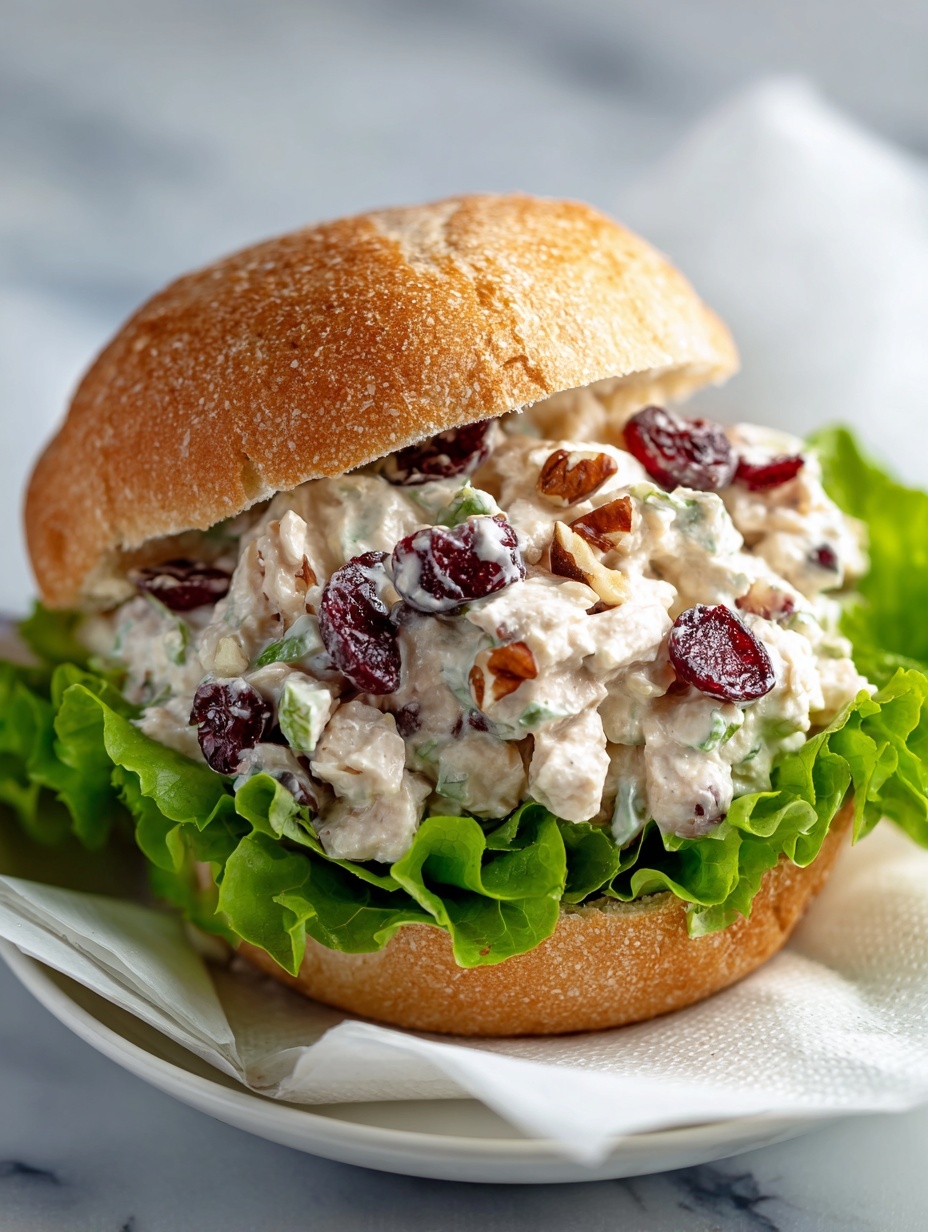 A sandwich on a golden brown round bun with a slightly cracked top is placed on a white plate lined with white paper, set on a white marbled texture. The sandwich has three visible layers: the bottom layer shows fresh green curly lettuce leaves, the middle layer is a creamy chicken salad mixed with white apple pieces and small brown pecans, and the top layer is the golden brown bun. The creamy salad has a slightly chunky texture and is spread evenly under the top bun. Photo taken with an iphone --ar 2:3 --v 7