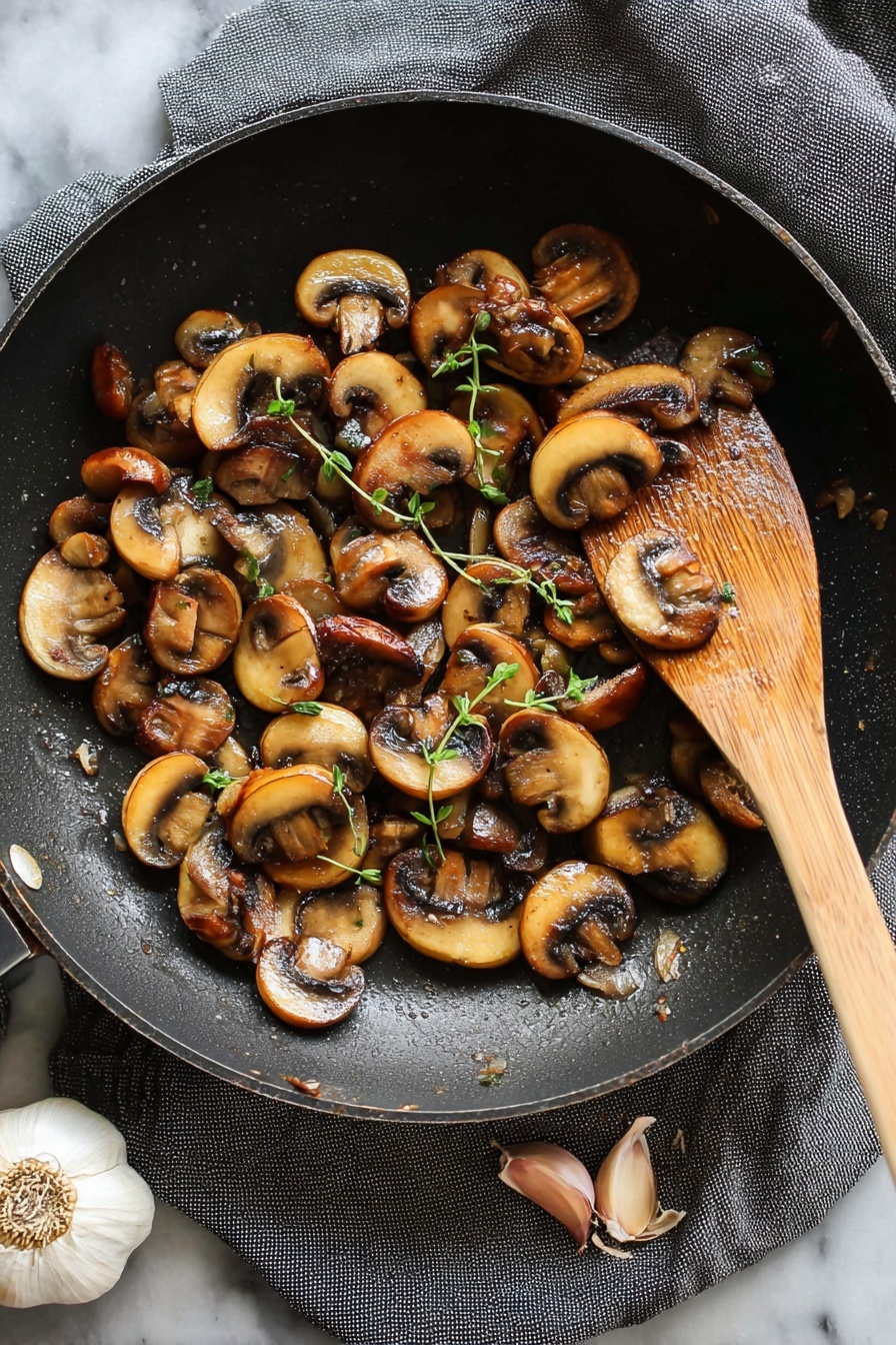 A black frying pan filled with cooked sliced brown mushrooms evenly spread out, showing a shiny and slightly browned texture with some fresh green thyme sprigs mixed in. A wooden spatula rests on the right side with part of the handle visible and the spatula head touching the mushrooms. The pan sits on a white marbled surface with a few garlic cloves placed near a folded dark gray cloth below the pan. Photo taken with an iphone --ar 2:3 --v 7