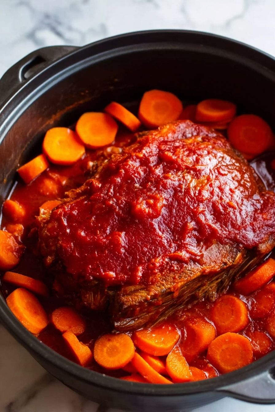 The image shows a black pot filled with a thick red sauce covering a large piece of meat placed in the middle. Around the meat, there are several thick carrot slices arranged evenly, adding orange color contrast to the red sauce. The texture of the sauce looks smooth but slightly thick, spreading over the meat and some parts of the pot. The black pot stands on a white marbled surface, and no other objects are visible in the background. photo taken with an iphone --ar 2:3 --v 7