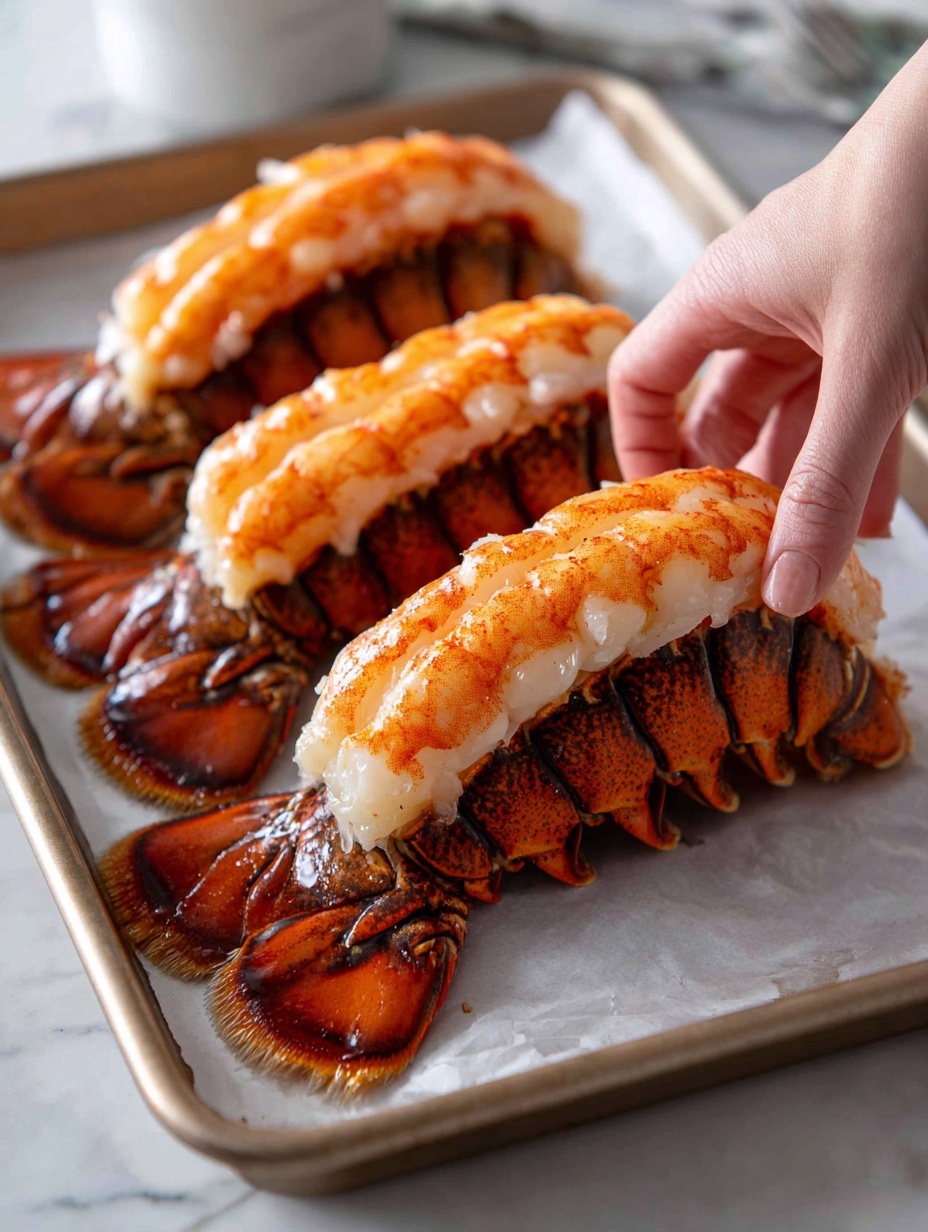 A close-up image shows a woman's hand holding a lobster tail with four main layers: the top shell is dark brown with spots and rough texture; beneath it is the bright orange cooked lobster meat with a slightly charred look; below that is a shiny white and translucent layer of the lobster flesh; the bottom has a darker shell piece with rough texture and darker spots. In the background, there are other lobster tails on a white marbled surface. photo taken with an iphone --ar 2:3 --v 7