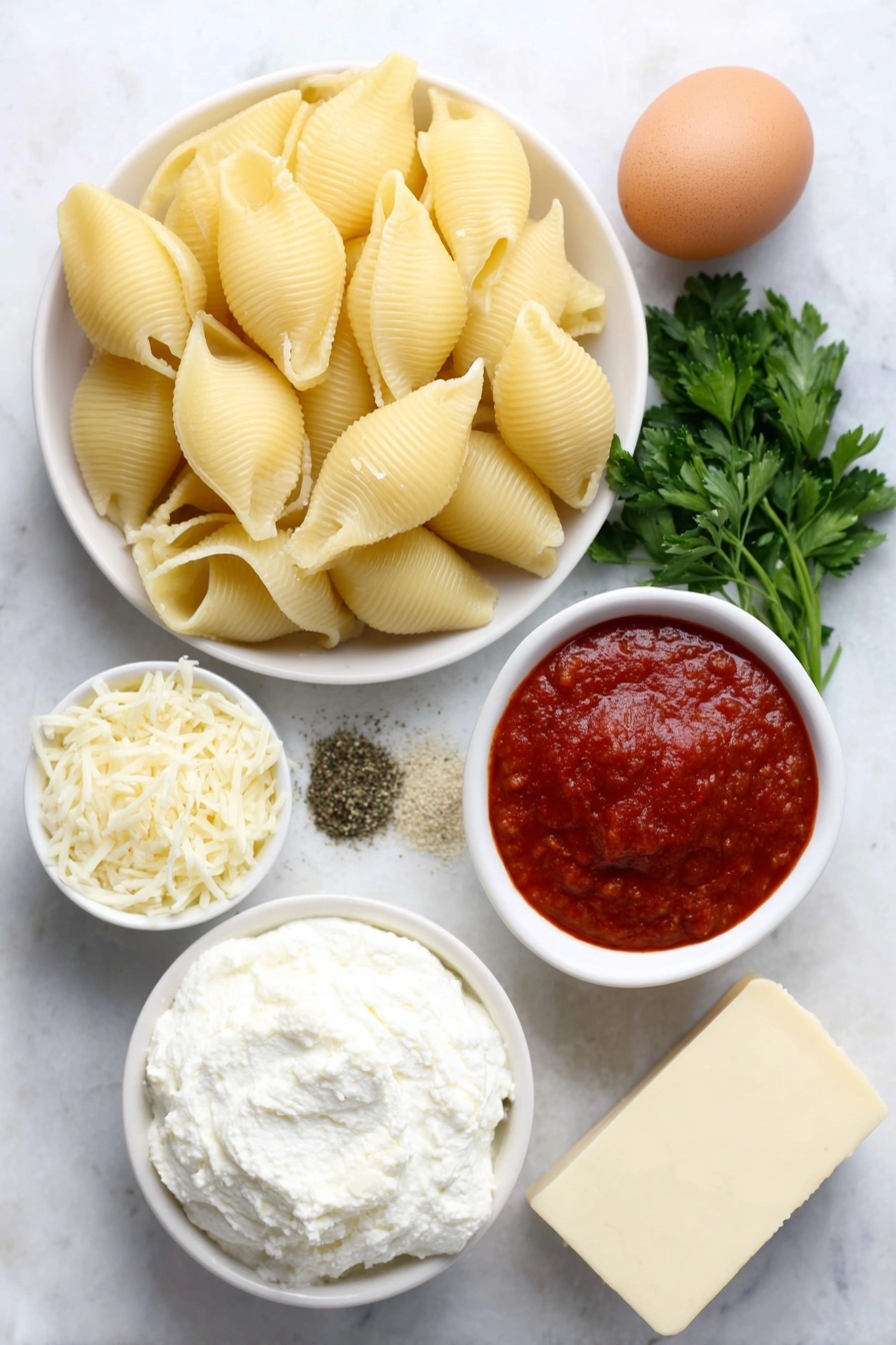 Flat lay of uncooked jumbo pasta shells spread neatly, a small white ceramic bowl of smooth ricotta cheese, a small white bowl filled with shredded mozzarella cheese, a small white bowl holding grated parmesan cheese, a small white bowl with softened cream cheese, a whole uncracked large egg with a clean shell, a small white bowl of vibrant red marinara sauce, a few fresh bright green parsley sprigs, a single large garlic clove peeled and whole, all arranged in perfect symmetry on a clean white marble surface, soft natural light, photo taken with an iPhone, professional food photography style, fresh ingredients, white ceramic bowls, no bottles, no duplicates, no utensils, no packaging --ar 2:3 --v 7 --p m7354615311229779997