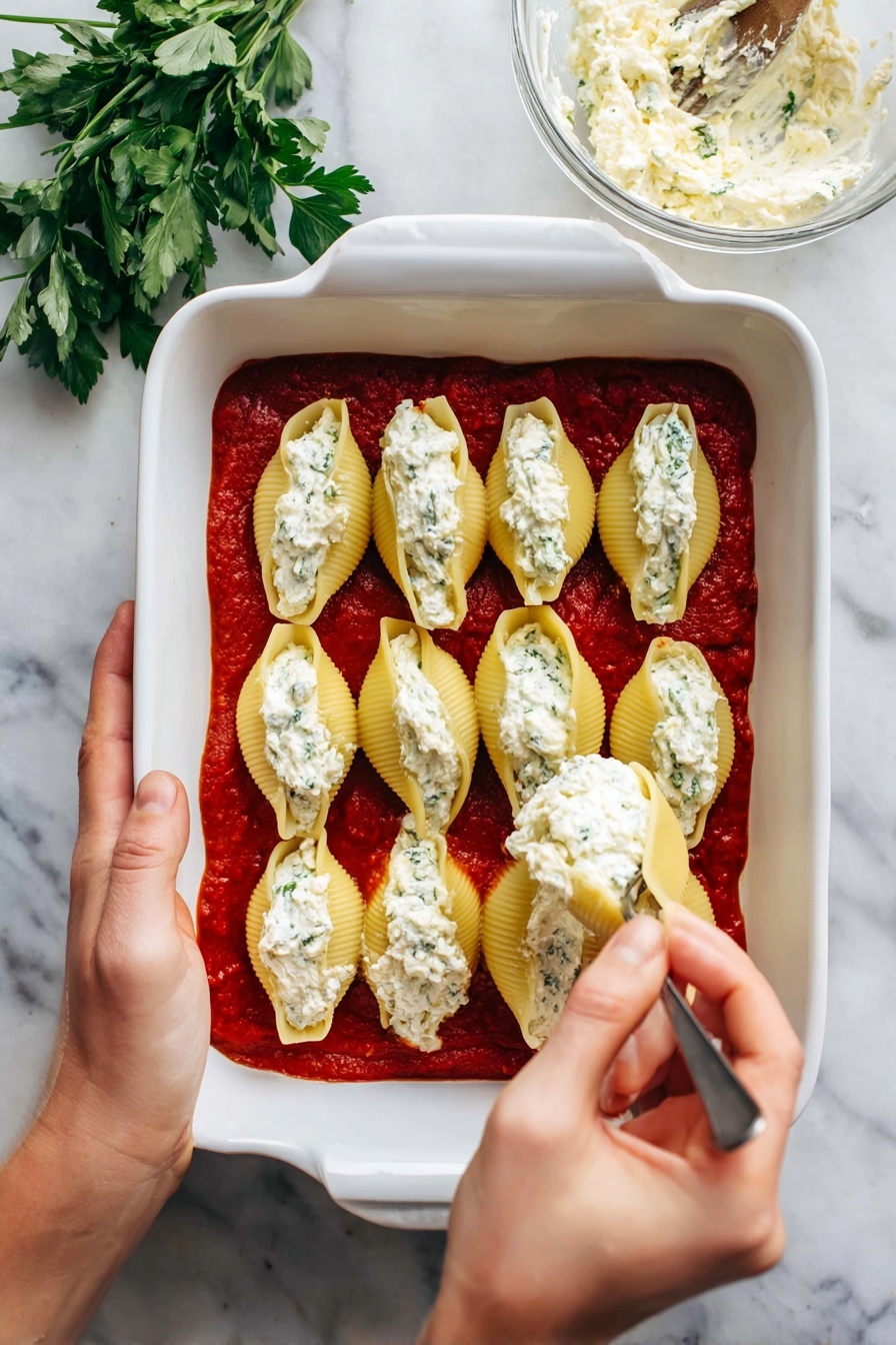 In a white rectangular baking dish sitting on a white marbled surface, there is a spread of thick red tomato sauce covering the bottom. On top, seven large pale yellow pasta shells are placed in a neat row, each filled with a creamy white mixture that has small green herbs visible inside. A woman's hand holds one pasta shell over the dish while the other woman's hand uses a spoon to fill it with the creamy mixture. To the left on the surface, there is a glass bowl filled with more of the creamy white filling. A couple of green parsley leaves lie loosely nearby. Photo taken with an iphone --ar 2:3 --v 7