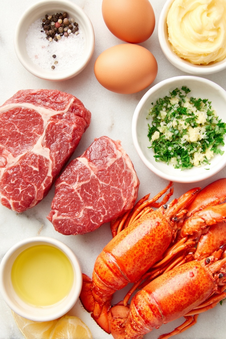 Flat lay of two raw filet mignon steaks with a rich red color and marbling, two fresh lobster tails with vibrant orange shells and white meat exposed, a small white ceramic bowl of softened pale yellow butter, a small white bowl of minced green parsley, a tiny white bowl with finely minced pale purple shallot, a tiny white bowl of finely minced white garlic clove, a small white bowl of bright yellow fresh lemon juice, whole lemon wedges with glossy yellow skin and fresh pulp, a small white bowl of golden olive oil, a few coarse kosher salt crystals scattered on the surface, and a few whole black peppercorns placed artfully, all arranged with perfect symmetry and balanced proportions on a clean white marble surface, soft natural light, photo taken with an iPhone, professional food photography style, fresh ingredients, white ceramic bowls, no bottles, no duplicates, no utensils, no packaging --ar 2:3 --v 7 --p m7354615311229779997