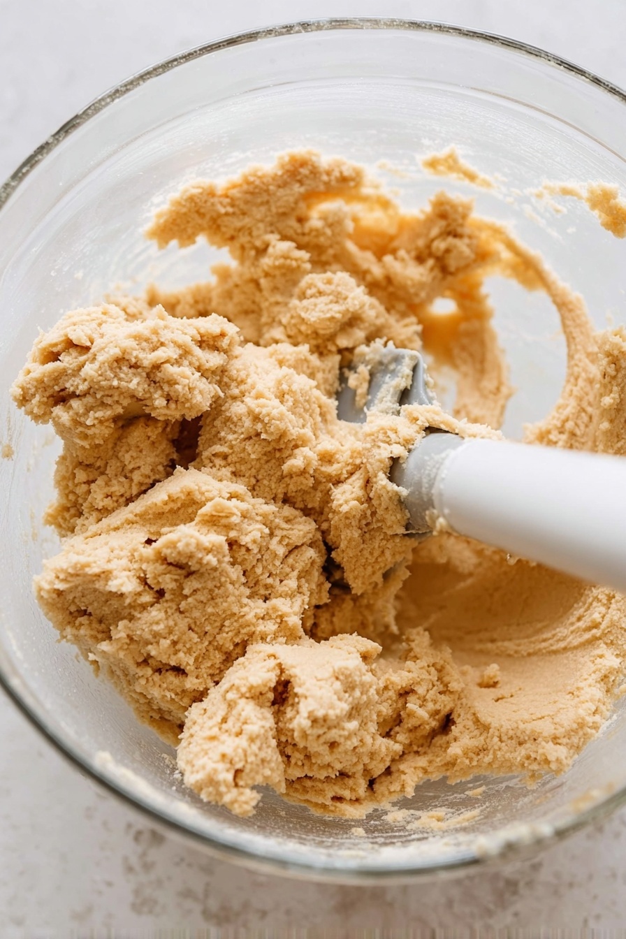 The image shows a glass mixing bowl filled with a light brown dough that looks soft and slightly crumbly. Inside the bowl, a white mixing attachment is partially covered by the dough, showing it has been mixed but still holds some texture. The dough clings to the attachment and the sides of the clear bowl. The bowl rests on a white marbled surface, giving a clean and bright look to the setting. photo taken with an iphone --ar 2:3 --v 7