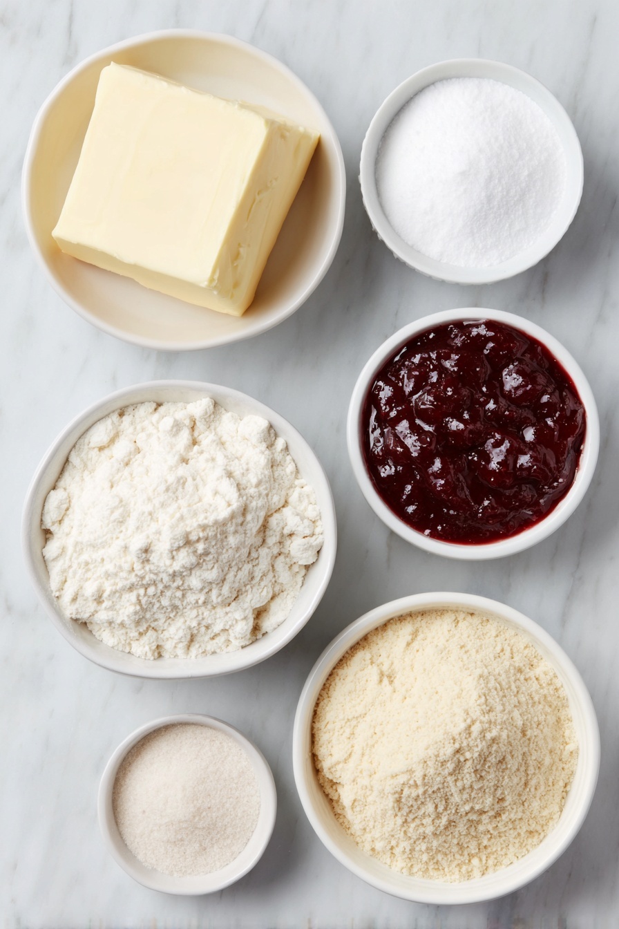 Flat lay of a block of unsalted butter at room temperature, a small white ceramic bowl of sifted powdered sugar, a small white ceramic bowl with creamy vanilla bean paste, a neat pile of all-purpose flour, a small heap of almond flour, a small white ceramic bowl containing kosher salt, a few whole uncracked brown eggs, and a small white ceramic bowl filled with bright red jam placed in perfect symmetry on a clean white marble surface, soft natural light, photo taken with an iPhone, professional food photography style, fresh ingredients, white ceramic bowls, no bottles, no duplicates, no utensils, no packaging --ar 2:3 --v 7 --p m7354615311229779997