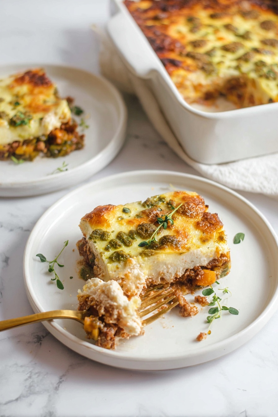 A square piece of layered lasagna on a white round plate, showing three clear layers: a bottom pale, textured layer of mashed potatoes, a middle rich brown layer of ground meat with some tomato sauce, and a top golden-browned cheesy layer with melted texture. The lasagna is dotted with green pesto sauce and fresh basil leaves on top and around the plate. A brass spoon rests on the left side of the plate, holding a small portion of the lasagna. In the background, another white plate with more lasagna and green pesto, and a white rectangular dish with more lasagna are placed on a white marbled surface. Photo taken with an iphone --ar 2:3 --v 7