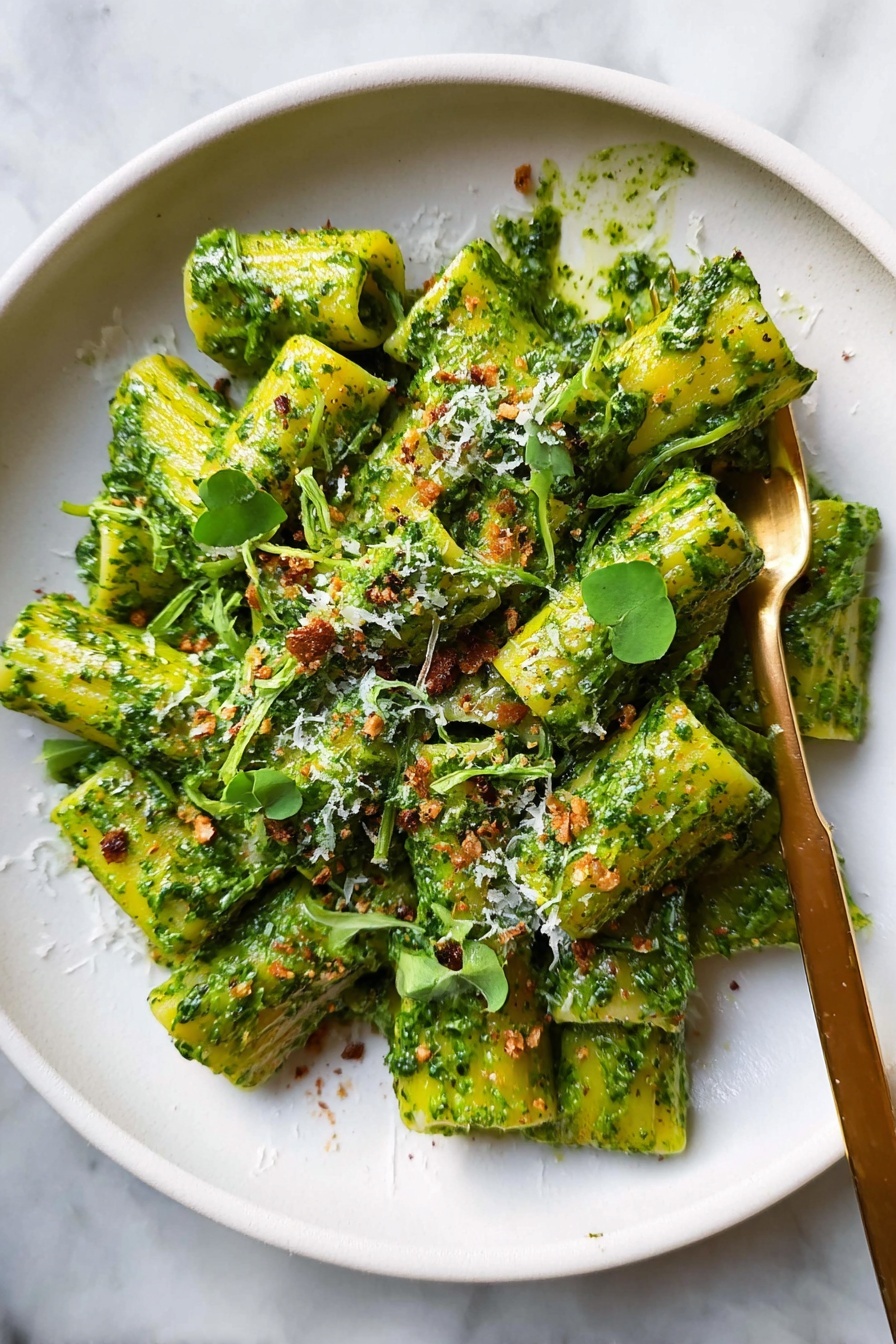 A white plate holds rigatoni pasta all covered in a thick bright green sauce, with fresh green herb leaves sprinkled across. The pasta pieces are short and tube-shaped with ridges, layered in a pile that fills most of the plate. On top, there are small bits of brown crumbs and some light grated cheese scattered for texture and contrast. A gold fork is stuck into the pasta near the top center, slightly lifting some pieces. The plate stands on a white marbled surface with soft light coming from the side. photo taken with an iphone --ar 2:3 --v 7